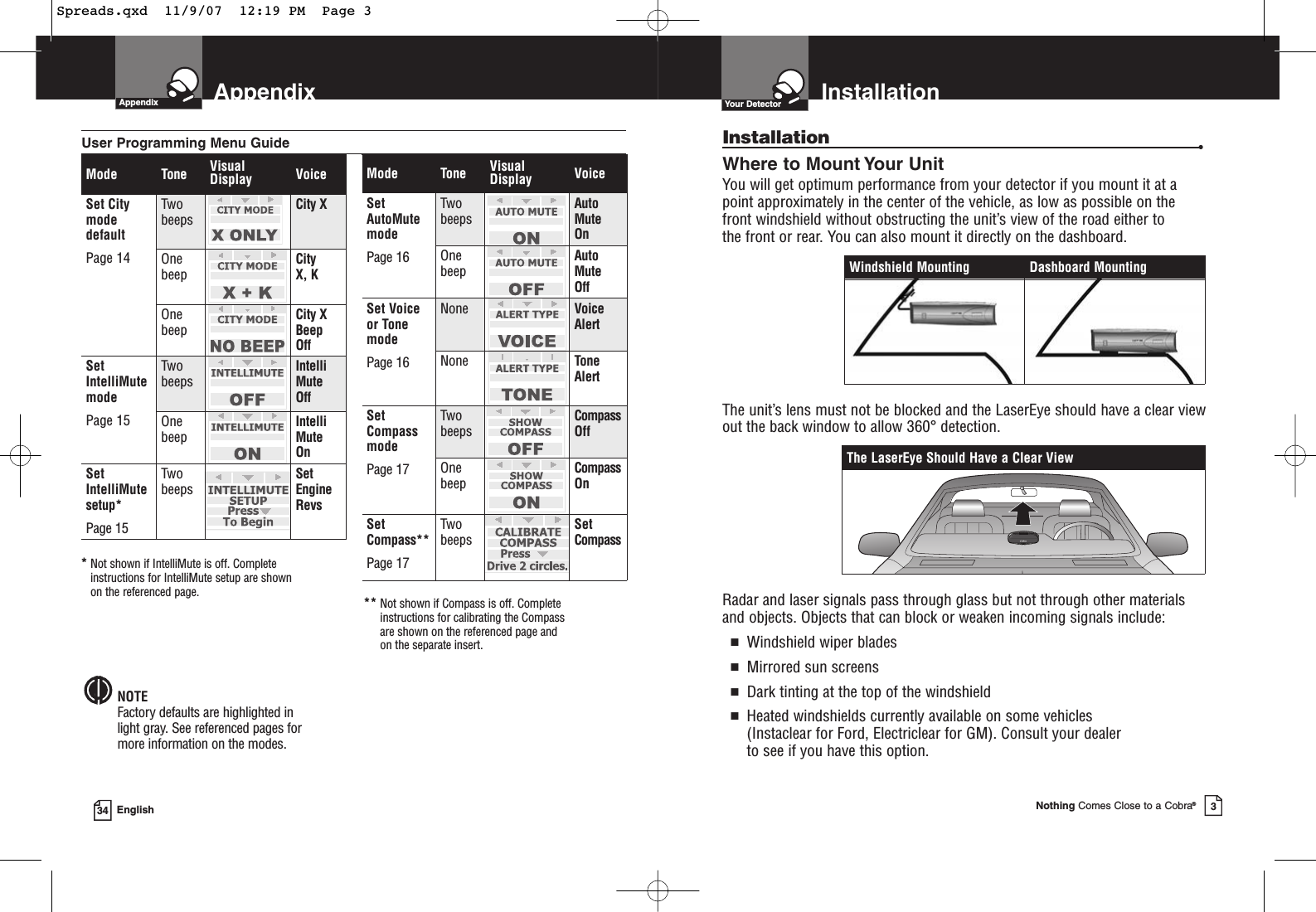 Appendix34 EnglishNOTEFactory defaults are highlighted in light gray. See referenced pages for more information on the modes.*Not shown if IntelliMute is off. Completeinstructions for IntelliMute setup are shownon the referenced page.Mode Tone VisualDisplay VoiceSet City modedefaultPage 14TwobeepsCity XOnebeepCity X, KOnebeepCity XBeep OffSetIntelliMutemodePage 15TwobeepsIntelliMute OffOnebeepIntelliMute OnSetIntelliMutesetup*Page 15TwobeepsSetEngineRevsMode Tone VisualDisplay VoiceSetAutoMutemodePage 16TwobeepsAutoMute OnOnebeepAutoMute OffSet Voiceor TonemodePage 16None VoiceAlertNone ToneAlertSetCompassmodePage 17TwobeepsCompassOffOnebeepCompassOnSetCompass**Page 17TwobeepsSetCompass ** Not shown if Compass is off. Completeinstructions for calibrating the Compass are shown on the referenced page and on the separate insert.User Programming Menu GuideAppendix InstallationYour DetectorNothing Comes Close to a Cobra®3Installation •Where to Mount Your UnitYou will get optimum performance from your detector if you mount it at apoint approximately in the center of the vehicle, as low as possible on thefront windshield without obstructing the unit’s view of the road either to the front or rear. You can also mount it directly on the dashboard. The unit’s lens must not be blocked and the LaserEye should have a clear viewout the back window to allow 360° detection.Radar and laser signals pass through glass but not through other materialsand objects. Objects that can block or weaken incoming signals include: ■Windshield wiper blades■Mirrored sun screens■Dark tinting at the top of the windshield■Heated windshields currently available on some vehicles (Instaclear for Ford, Electriclear for GM). Consult your dealer to see if you have this option.The LaserEye Should Have a Clear ViewWindshield Mounting Dashboard MountingSpreads.qxd  11/9/07  12:19 PM  Page 3