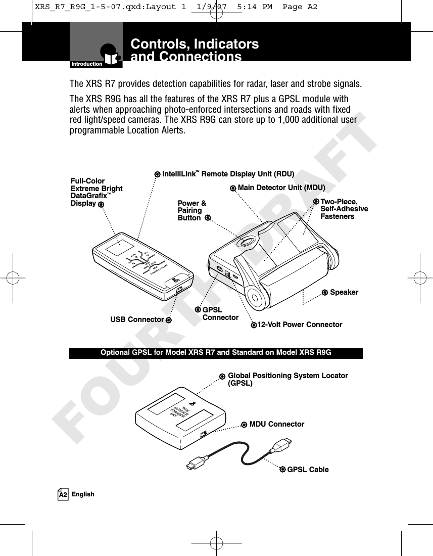 THISSURFACETOWARDSSKYControls, Indicators and ConnectionsIntroductionA2 EnglishIntelliLink™Remote Display Unit (RDU)Full-ColorExtreme BrightDataGrafix™DisplayGlobal Positioning System Locator(GPSL)USB Connector 12-Volt Power ConnectorMDU ConnectorPower &amp;PairingButtonTwo-Piece, Self-AdhesiveFastenersMain Detector Unit (MDU)SpeakerOptional GPSL for Model XRS R7 and Standard on Model XRS R9GGPSL CableThe XRS R7 provides detection capabilities for radar, laser and strobe signals.The XRS R9G has all the features of the XRS R7 plus a GPSL module withalerts when approaching photo-enforced intersections and roads with fixedred light/speed cameras. The XRS R9G can store up to 1,000 additional userprogrammable Location Alerts.GPSL ConnectorXRS_R7_R9G_1-5-07.qxd:Layout 1  1/9/07  5:14 PM  Page A2FOURTH DRAFT