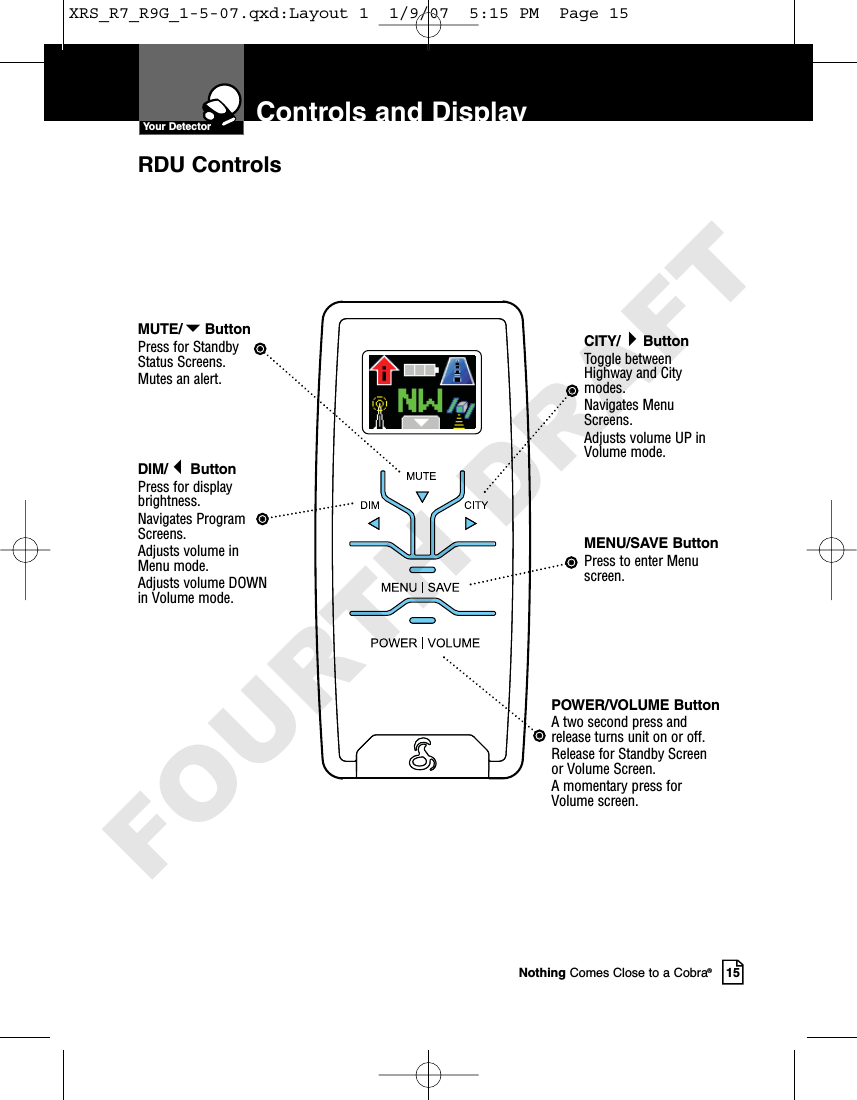Nothing Comes Close to a Cobra®15Controls and DisplayDIM/ButtonPress for display brightness. Navigates Program Screens.Adjusts volume in Menu mode.Adjusts volume DOWNin Volume mode.MUTE/ButtonPress for Standby Status Screens.Mutes an alert. CITY/ButtonToggle betweenHighway and Citymodes. Navigates MenuScreens.Adjusts volume UP inVolume mode.MENU/SAVE ButtonPress to enter Menuscreen.POWER/VOLUME ButtonA two second press andrelease turns unit on or off.Release for Standby Screenor Volume Screen.A momentary press forVolume screen.RDU ControlsYour DetectorXRS_R7_R9G_1-5-07.qxd:Layout 1  1/9/07  5:15 PM  Page 15FOURTH DRAFT