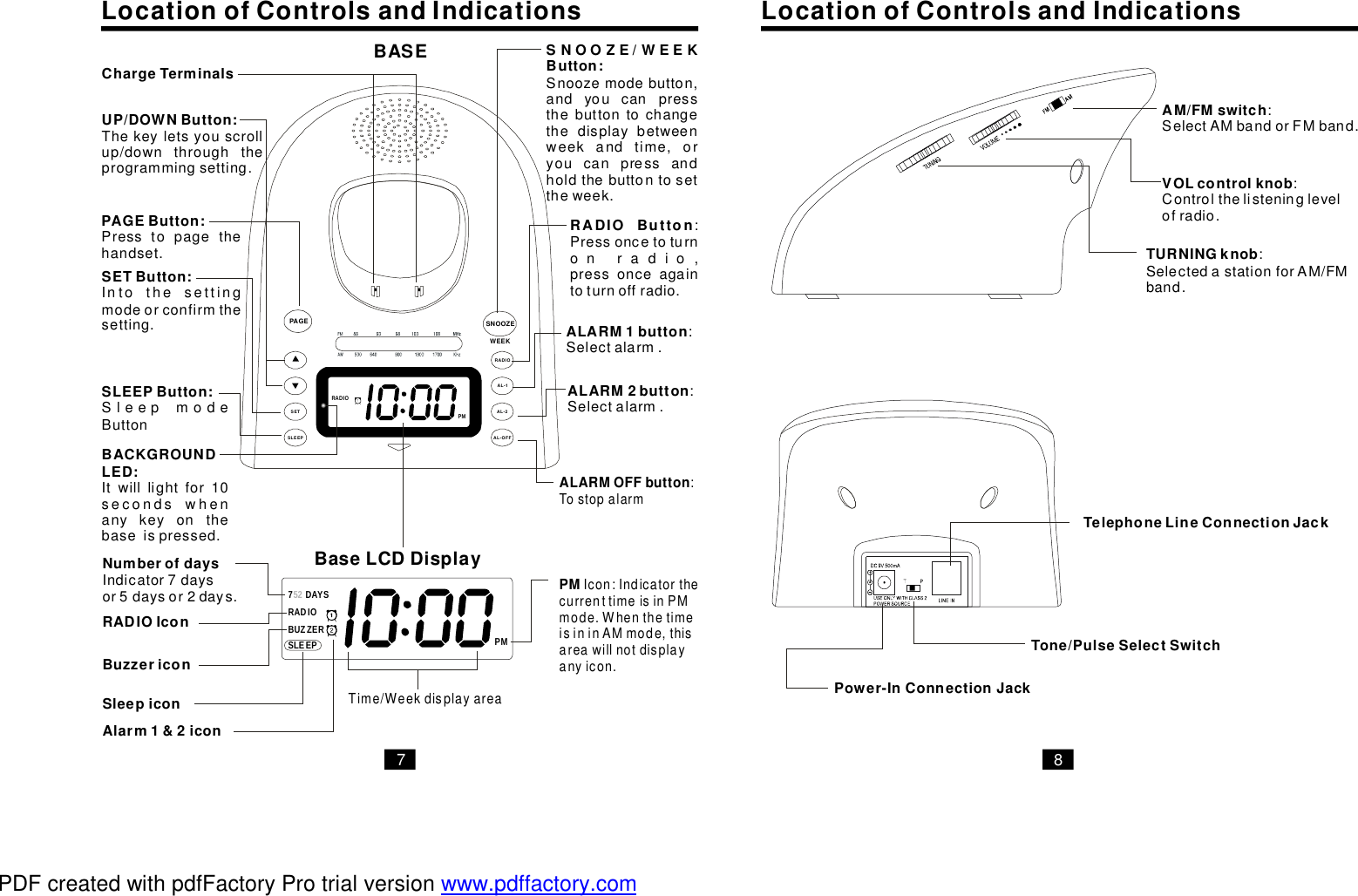 LocationofControlsandIndicationsPAGESETSLEEPSNOOZERADIOAL-1AL-2AL-OFFWEEK ALARM1button:Selectalarm.ALARM2button:Selectalarm.ALARMOFFbutton:TostopalarmRADIOButton:Pressoncetoturnonradio,pressonceagaintoturnoffradio.AM/FMswitch:SelectAMbandorFMband.VOLcontrolknob:Controlthelisteninglevelofradio.TURNINGknob:SelectedastationforAM/FMband.PAGEButton:Presstopagethehandset.UP/DOWNButton:Thekeyletsyouscrollup/downthroughtheprogrammingsetting.SETButton:Intothesettingmodeorconfirmthesetting.SLEEPButton:SleepmodeButtonSNOOZE/WEEKButton:Snoozemodebutton,andyoucanpressthebuttontochangethedisplaybetweenweekandtime,oryoucanpressandholdthebuttontosettheweek.RADIOPMBASEChargeTerminals7DAYS52RADIOBUZZERSLEEP PMLocationofControlsandIndicationsPower-InConnectionJackTone/PulseSelectSwitchTelephoneLineConnectionJackBaseLCDDisplayPMIcon:IndicatorthecurrenttimeisinPMmode.WhenthetimeisininAMmode,thisareawillnotdisplayanyicon.Time/WeekdisplayareaBACKGROUNDLED:Itwilllightfor10secondswhenanykeyonthebaseispressed.7 8NumberofdaysIndicator7daysor5daysor2days.RADIOIconAlarm1&amp;2iconSleepiconBuzzericonPDF created with pdfFactory Pro trial version www.pdffactory.com