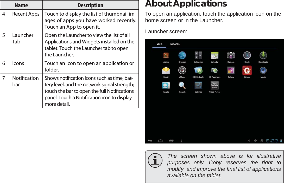 Getting Started  Page 15EnglishName Description4 Recent Apps Touch to display the list of thumbnail im-ages of apps you have worked recently. Touch an App to open it.5Launcher TabOpen the Launcher to view the list of all Applications and Widgets installed on the tablet. Touch the Launcher tab to open the Launcher.6 Icons Touch an icon to open an application or folder.7Noti cation barShows noti cation icons such as time, bat-tery level, and the network signal strength; touch the bar to open the full Noti cations panel. Touch a Noti cation icon to display more detail. About ApplicationsTo open an application, touch the application icon on the home screen or in the Launcher.Launcher screen:  The screen shown above is for illustrative purposes only. Coby reserves the right to modify  and improve the ﬁ nal list of applications available on the tablet.