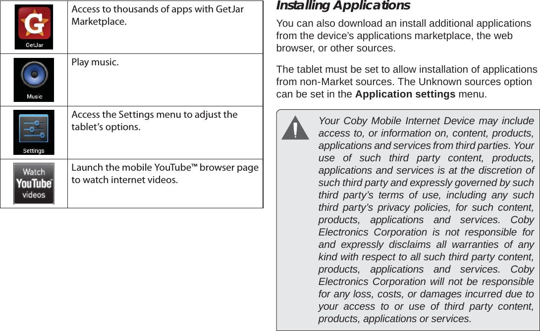 Getting Started  Page 17EnglishAccess to thousands of apps with GetJar Marketplace.Play music.Access the Settings menu to adjust the tablet’s options.Launch the mobile YouTube™ browser page to watch internet videos.Installing ApplicationsYou can also download an install additional applications from the device’s applications marketplace, the web browser, or other sources.The tablet must be set to allow installation of applications from non-Market sources. The Unknown sources option can be set in the Application settings menu.  Your Coby Mobile Internet Device may include access to, or information on, content, products, applications and services from third parties. Your use of such third party content, products, applications and services is at the discretion of such third party and expressly governed by such third party’s terms of use, including any such third party’s privacy policies, for such content, products, applications and services. Coby Electronics Corporation is not responsible for and expressly disclaims all warranties of any kind with respect to all such third party content, products, applications and services. Coby Electronics Corporation will not be responsible for any loss, costs, or damages incurred due to your access to or use of third party content, products, applications or services.