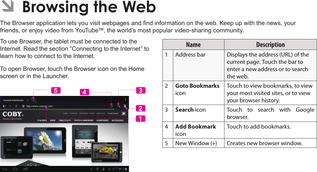 Page 24  Browsing The WebEnglish ÂBrowsing the WebThe Browser application lets you visit webpages and nd information on the web. Keep up with the news, your friends, or enjoy video from YouTube™, the world’s most popular video-sharing community.To use Browser, the tablet must be connected to the Internet. Read the section “Connecting to the Internet” to learn how to connect to the Internet.To open Browser, touch the Browser icon on the Home screen or in the Launcher.12435Name Description1Address bar Displays the address (URL) of the current page. Touch the bar to enter a new address or to search the web.2Goto Bookmarks iconTouch to view bookmarks, to view your most visited sites, or to view your browser history.3Search icon Touch to search with Google browser.4Add Bookmark iconTouch to add bookmarks.5 New Window (+) Creates new browser window.