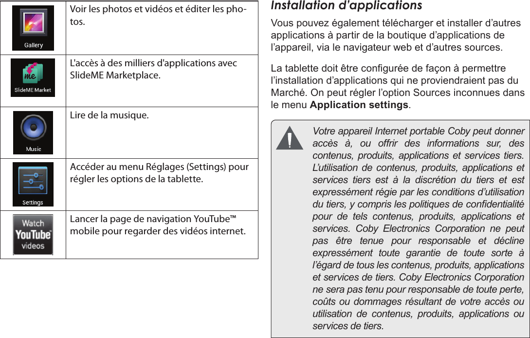 Français Page 98 DémarrageVoir les photos et vidéos et éditer les pho-tos.L&apos;accès à des milliers d&apos;applications avec SlideME Marketplace.Lire de la musique.Accéder au menu Réglages (Settings) pour régler les options de la tablette.Lancer la page de navigation YouTube™ mobile pour regarder des vidéos internet.Installation d’applicationsVous pouvez également télécharger et installer d’autres applications à partir de la boutique d’applications de l’appareil, via le navigateur web et d’autres sources.La tablette doit être congurée de façon à permettre l’installation d’applications qui ne proviendraient pas du Marché. On peut régler l’option Sources inconnues dans le menu Application settings.  Votre appareil Internet portable Coby peut donner accès à, ou offrir des informations sur, des contenus, produits, applications et services tiers. L’utilisation de contenus, produits, applications et services tiers est à la discrétion du tiers et est expressément régie par les conditions d’utilisation du tiers, y compris les politiques de condentialité pour de tels contenus, produits, applications et services. Coby Electronics Corporation ne peut pas être tenue pour responsable et décline expressément toute garantie de toute sorte à l’égard de tous les contenus, produits, applications et services de tiers. Coby Electronics Corporation ne sera pas tenu pour responsable de toute perte, coûts ou dommages résultant de votre accès ou utilisation de contenus, produits, applications ou services de tiers.