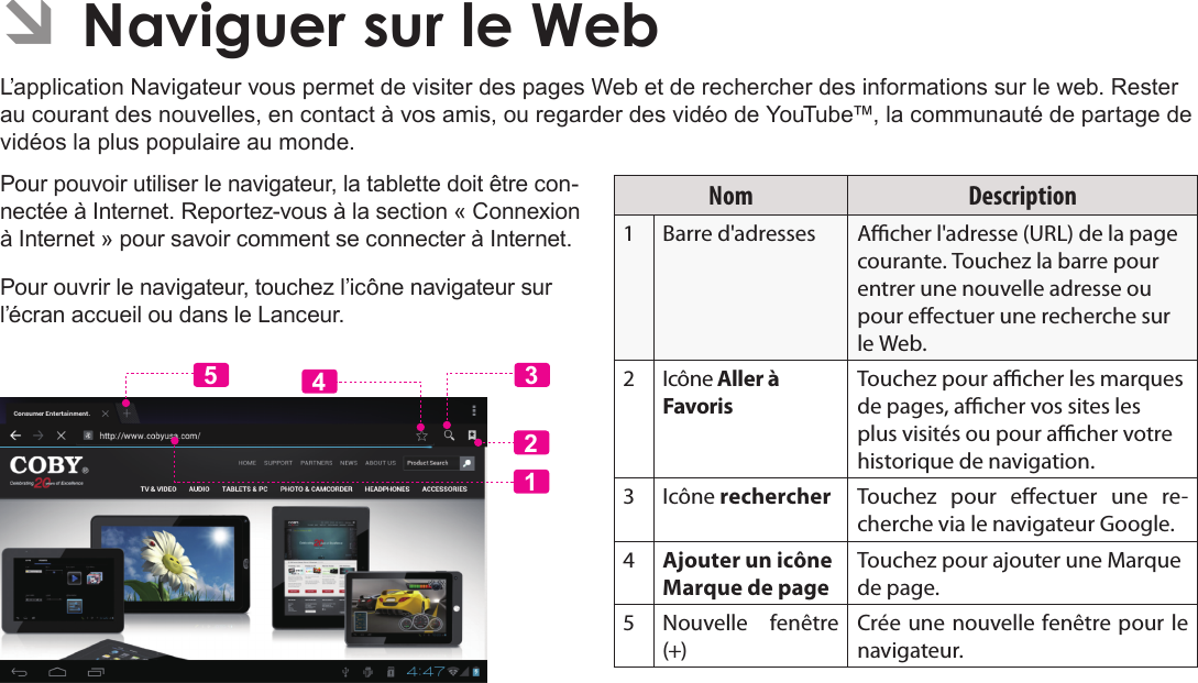 Français Page 104  Naviguer Sur Le Web ÂNaviguer sur le WebL’application Navigateur vous permet de visiter des pages Web et de rechercher des informations sur le web. Rester au courant des nouvelles, en contact à vos amis, ou regarder des vidéo de YouTube™, la communauté de partage de vidéos la plus populaire au monde.Pour pouvoir utiliser le navigateur, la tablette doit être con-nectée à Internet. Reportez-vous à la section « Connexion à Internet » pour savoir comment se connecter à Internet.Pour ouvrir le navigateur, touchez l’icône navigateur sur l’écran accueil ou dans le Lanceur.Nom Description1Barre d&apos;adresses Acher l&apos;adresse (URL) de la page courante. Touchez la barre pour entrer une nouvelle adresse ou pour eectuer une recherche sur le Web.2Icône Aller à Favoris Touchez pour acher les marques de pages, acher vos sites les plus visités ou pour acher votre historique de navigation.3Icône rechercher Touchez pour eectuer une re-cherche via le navigateur Google.4Ajouter un icône Marque de pageTouchez pour ajouter une Marque de page.5Nouvelle fenêtre (+)Crée une nouvelle fenêtre pour le navigateur.12435