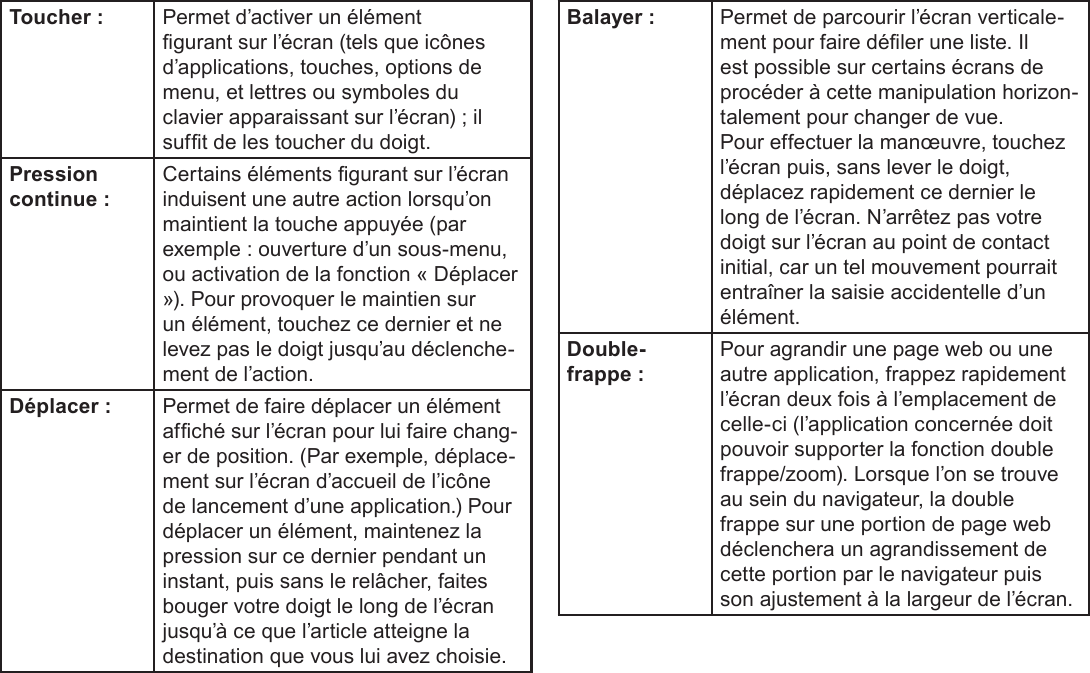 FrançaisPage 101  Apprendre À Connaître Le Kyros De CobyToucher : Permet d’activer un élément gurant sur l’écran (tels que icônes d’applications, touches, options de menu, et lettres ou symboles du clavier apparaissant sur l’écran) ; il suft de les toucher du doigt.Pression continue :Certains éléments gurant sur l’écran induisent une autre action lorsqu’on maintient la touche appuyée (par exemple : ouverture d’un sous-menu, ou activation de la fonction « Déplacer »). Pour provoquer le maintien sur un élément, touchez ce dernier et ne levez pas le doigt jusqu’au déclenche-ment de l’action. Déplacer : Permet de faire déplacer un élément afché sur l’écran pour lui faire chang-er de position. (Par exemple, déplace-ment sur l’écran d’accueil de l’icône de lancement d’une application.) Pour déplacer un élément, maintenez la pression sur ce dernier pendant un instant, puis sans le relâcher, faites bouger votre doigt le long de l’écran jusqu’à ce que l’article atteigne la destination que vous lui avez choisie. Balayer : Permet de parcourir l’écran verticale-ment pour faire déler une liste. Il est possible sur certains écrans de procéder à cette manipulation horizon-talement pour changer de vue. Pour effectuer la manœuvre, touchez l’écran puis, sans lever le doigt, déplacez rapidement ce dernier le long de l’écran. N’arrêtez pas votre doigt sur l’écran au point de contact initial, car un tel mouvement pourrait entraîner la saisie accidentelle d’un élément.Double-frappe :Pour agrandir une page web ou une autre application, frappez rapidement l’écran deux fois à l’emplacement de celle-ci (l’application concernée doit pouvoir supporter la fonction double frappe/zoom). Lorsque l’on se trouve au sein du navigateur, la double frappe sur une portion de page web déclenchera un agrandissement de cette portion par le navigateur puis son ajustement à la largeur de l’écran. 