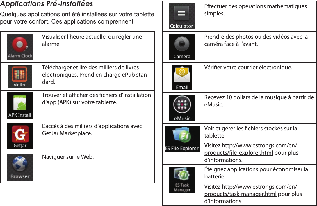 Français Page 110  Pour DémarrerApplications Pré-installéesQuelques applications ont été installées sur votre tablette pour votre confort. Ces applications comprennent :Visualiser l&apos;heure actuelle, ou régler une alarme.Télécharger et lire des milliers de livres électroniques. Prend en charge ePub stan-dard.Trouver et acher des chiers d&apos;installation d&apos;app (APK) sur votre tablette.L’accès à des milliers d’applications avec GetJar Marketplace.Naviguer sur le Web.Eectuer des opérations mathématiques simples.Prendre des photos ou des vidéos avec la caméra face à l&apos;avant.Vérier votre courrier électronique.Recevez 10 dollars de la musique à partir de eMusic.Voir et gérer les chiers stockés sur la tablette.Visitez http://www.estrongs.com/en/products/le-explorer.html pour plus d’informations.Éteignez applications pour économiser la batterie.Visitez http://www.estrongs.com/en/products/task-manager.html pour plus d’informations.