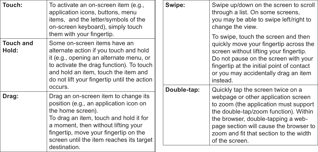 Page 12  Getting To Know The Coby KyrosEnglishTouch: To activate an on-screen item (e.g., application icons, buttons, menu items,  and the letter/symbols of the on-screen keyboard), simply touch them with your ngertip.Touch and Hold:Some on-screen items have an alternate action if you touch and hold it (e.g., opening an alternate menu, or to activate the drag function). To touch and hold an item, touch the item and do not lift your ngertip until the action occurs.Drag: Drag an on-screen item to change its position (e.g., an application icon on the home screen).To drag an item, touch and hold it for a moment, then without lifting your ngertip, move your ngertip on the screen until the item reaches its target destination.Swipe: Swipe up/down on the screen to scroll through a list. On some screens, you may be able to swipe left/right to change the view.To swipe, touch the screen and then quickly move your ngertip across the screen without lifting your ngertip. Do not pause on the screen with your ngertip at the initial point of contact or you may accidentally drag an item instead.Double-tap: Quickly tap the screen twice on a webpage or other application screen to zoom (the application must support the double-tap/zoom function). Within the browser, double-tapping a web-page section will cause the browser to zoom and t that section to the width of the screen.