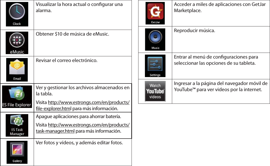 EspañolPage 57  Primeros PasosVisualizar la hora actual o congurar una alarma.Obtener $10 de música de eMusic.Revisar el correo electrónico.Ver y gestionar los archivos almacenados en la tabla.Visita http://www.estrongs.com/en/products/le-explorer.html para más información.Apague aplicaciones para ahorrar batería.Visita http://www.estrongs.com/en/products/task-manager.html para más información.Ver fotos y vídeos, y además editar fotos.Acceder a miles de aplicaciones con GetJar Marketplace.Reproducir música.Entrar al menú de conguraciones para seleccionar las opciones de su tableta.Ingresar a la página del navegador móvil de YouTube™ para ver videos por la internet.