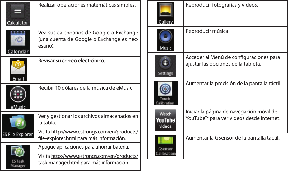 Page 55  Primeros PasosEspañolRealizar operaciones matemáticas simples.Vea sus calendarios de Google o Exchange (una cuenta de Google o Exchange es nec-esario).Revisar su correo electrónico.Recibir 10 dólares de la música de eMusic.Ver y gestionar los archivos almacenados en la tabla.Visita http://www.estrongs.com/en/products/le-explorer.html para más información.Apague aplicaciones para ahorrar batería.Visita http://www.estrongs.com/en/products/task-manager.html para más información.Reproducir fotografías y videos.Reproducir música.Acceder al Menú de conguraciones para ajustar las opciones de la tableta.Aumentar la precisión de la pantalla táctil.Iniciar la página de navegación móvil de YouTube™ para ver videos desde internet.Aumentar la GSensor de la pantalla táctil.