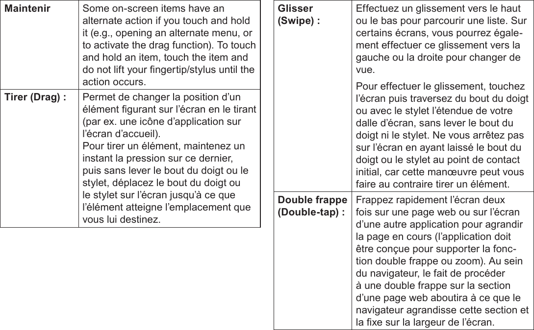 Page 88  Apprendre À Connaître Le Kyros De CobyFrançais Maintenir Some on-screen items have an alternate action if you touch and hold it (e.g., opening an alternate menu, or to activate the drag function). To touch and hold an item, touch the item and do not lift your ngertip/stylus until the action occurs.Tirer (Drag) : Permet de changer la position d’un élément gurant sur l’écran en le tirant (par ex. une icône d’application sur l’écran d’accueil).Pour tirer un élément, maintenez un instant la pression sur ce dernier, puis sans lever le bout du doigt ou le stylet, déplacez le bout du doigt ou le stylet sur l’écran jusqu’à ce que l’élément atteigne l’emplacement que vous lui destinez.Glisser (Swipe) :Effectuez un glissement vers le haut ou le bas pour parcourir une liste. Sur certains écrans, vous pourrez égale-ment effectuer ce glissement vers la gauche ou la droite pour changer de vue. Pour effectuer le glissement, touchez l’écran puis traversez du bout du doigt ou avec le stylet l’étendue de votre dalle d’écran, sans lever le bout du doigt ni le stylet. Ne vous arrêtez pas sur l’écran en ayant laissé le bout du doigt ou le stylet au point de contact initial, car cette manœuvre peut vous faire au contraire tirer un élément. Double frappe (Double-tap) :Frappez rapidement l’écran deux fois sur une page web ou sur l’écran d’une autre application pour agrandir la page en cours (l’application doit être conçue pour supporter la fonc-tion double frappe ou zoom). Au sein du navigateur, le fait de procéder à une double frappe sur la section d’une page web aboutira à ce que le navigateur agrandisse cette section et la xe sur la largeur de l’écran. 