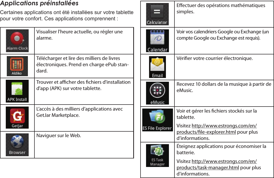 Page 96  DémarrageFrançais Applications préinstalléesCertaines applications ont été installées sur votre tablette pour votre confort. Ces applications comprennent : Visualiser l&apos;heure actuelle, ou régler une alarme.Télécharger et lire des milliers de livres électroniques. Prend en charge ePub stan-dard.Trouver et acher des chiers d&apos;installation d&apos;app (APK) sur votre tablette.L’accès à des milliers d’applications avec GetJar Marketplace.Naviguer sur le Web.Eectuer des opérations mathématiques simples.Voir vos calendriers Google ou Exchange (un compte Google ou Exchange est requis).Vérier votre courrier électronique.Recevez 10 dollars de la musique à partir de eMusic.Voir et gérer les chiers stockés sur la tablette.Visitez http://www.estrongs.com/en/products/le-explorer.html pour plus d’informations.Éteignez applications pour économiser la batterie.Visitez http://www.estrongs.com/en/products/task-manager.html pour plus d’informations.