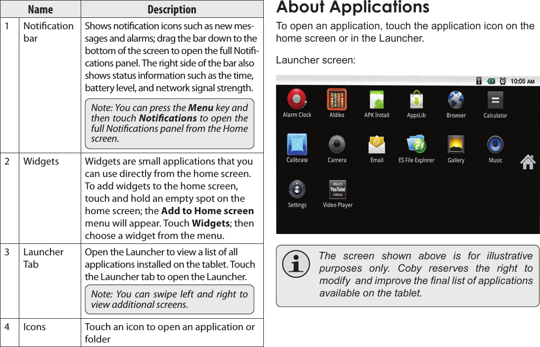 Page 15  Getting StartedEnglishName Description1 Notication barShows notication icons such as new mes-sages and alarms; drag the bar down to the bottom of the screen to open the full Noti-cations panel. The right side of the bar also shows status information such as the time, battery level, and network signal strength.Note: You can press the Menu key and then touch Notications to open the full Notications panel from the Home screen.2 Widgets Widgets are small applications that you can use directly from the home screen. To add widgets to the home screen, touch and hold an empty spot on the home screen; the Add to Home screen menu will appear. Touch Widgets; then choose a widget from the menu.3 Launcher TabOpen the Launcher to view a list of all applications installed on the tablet. Touch the Launcher tab to open the Launcher.Note:  You  can  swipe  left  and  right to view additional screens.4 Icons Touch an icon to open an application or folderAbout ApplicationsTo open an application, touch the application icon on the home screen or in the Launcher.Launcher screen: The screen shown above is for illustrativepurposes only. Coby reserves the right tomodifyandimprovethenallistofapplicationsavailableonthetablet.