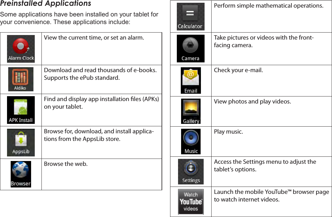 Page 16  Getting StartedEnglishPreinstalled ApplicationsSome applications have been installed on your tablet for your convenience. These applications include:View the current time, or set an alarm.Download and read thousands of e-books. Supports the ePub standard.Find and display app installation les (APKs) on your tablet.Browse for, download, and install applica-tions from the AppsLib store.Browse the web.Perform simple mathematical operations.Take pictures or videos with the front-facing camera.Check your e-mail.View photos and play videos.Play music.Access the Settings menu to adjust the tablet’s options.Launch the mobile YouTube™ browser page to watch internet videos.