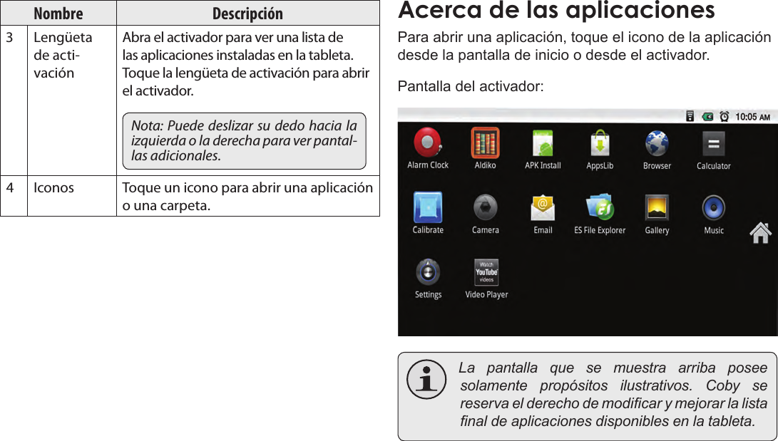 EspañolPage 57  Para EmpezarNombre Descripción Lengüeta de acti-vaciónAbra el activador para ver una lista de las aplicaciones instaladas en la tableta. Toque la lengüeta de activación para abrir el activador.Nota:  Puede deslizar su dedo hacia la izquierda o la derecha para ver pantal-las adicionales. Iconos Toque un icono para abrir una aplicación o una carpeta.Acerca de las aplicacionesPara abrir una aplicación, toque el icono de la aplicación desde la pantalla de inicio o desde el activador.Pantalla del activador: La pantalla que se muestra arriba poseesolamente propósitos ilustrativos. Coby sereservaelderechodemodicarymejorarlalistanaldeaplicacionesdisponiblesenlatableta.