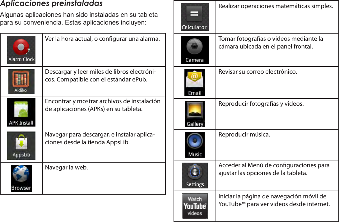 EspañolPage 58  Para EmpezarAplicaciones preinstaladasAlgunas aplicaciones han sido instaladas en su tableta para su conveniencia. Estas aplicaciones incluyen:Ver la hora actual, o congurar una alarma.Descargar y leer miles de libros electróni-cos. Compatible con el estándar ePub.Encontrar y mostrar archivos de instalación de aplicaciones (APKs) en su tableta.Navegar para descargar, e instalar aplica-ciones desde la tienda AppsLib.Navegar la web.Realizar operaciones matemáticas simples.Tomar fotografías o videos mediante la cámara ubicada en el panel frontal.Revisar su correo electrónico.Reproducir fotografías y videos.Reproducir música.Acceder al Menú de conguraciones para ajustar las opciones de la tableta.Iniciar la página de navegación móvil de YouTube™ para ver videos desde internet.