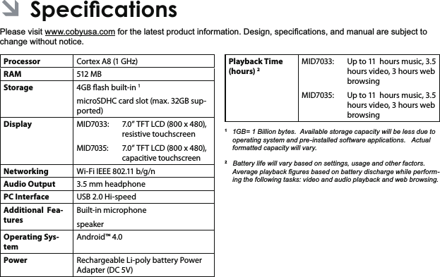 3DJH 6SHFLÀFDWLRQVEnglishÂ6SHFLÀFDWLRQV3OHDVHYLVLWZZZFRE\XVDFRPIRUWKHODWHVWSURGXFWLQIRUPDWLRQ&apos;HVLJQVSHFL¿FDWLRQVDQGPDQXDODUHVXEMHFWWRFKDQJHZLWKRXWQRWLFHProcessor Cortex A8 (1 GHz)RAM 512 MBStorage 4GB ash built-in 1microSDHC card slot (max. 32GB sup-ported)Display MID7033:7.0” TFT LCD (800 x 480), resistive touchscreenMID7035:  7.0” TFT LCD (800 x 480), capacitive touchscreenNetworking Wi-Fi IEEE 802.11 b/g/nAudio Output 3.5 mm headphonePC Interface USB 2.0 Hi-speedAdditional  Fea-turesBuilt-in microphonespeakerOperating Sys-temAndroid™ 4.0Power Rechargeable Li-poly battery Power Adapter (DC 5V)Playback Time (hours) 2MID7033:Up to 11  hours music, 3.5 hours video, 3 hours web browsingMID7035:Up to 11  hours music, 3.5 hours video, 3 hours web browsing *% %LOOLRQE\WHV$YDLODEOHVWRUDJHFDSDFLW\ZLOOEHOHVVGXHWRRSHUDWLQJV\VWHPDQGSUHLQVWDOOHGVRIWZDUHDSSOLFDWLRQV$FWXDOIRUPDWWHGFDSDFLW\ZLOOYDU\%DWWHU\OLIHZLOOYDU\EDVHGRQVHWWLQJVXVDJHDQGRWKHUIDFWRUV$YHUDJHSOD\EDFN¿JXUHVEDVHGRQEDWWHU\GLVFKDUJHZKLOHSHUIRUPLQJWKHIROORZLQJWDVNVYLGHRDQGDXGLRSOD\EDFNDQGZHEEURZVLQJ