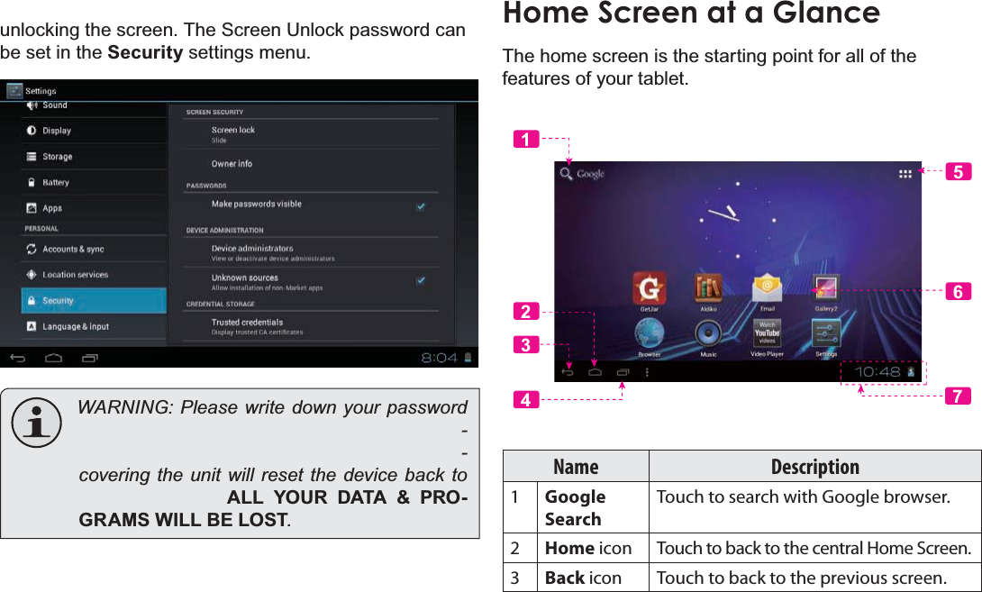 Page 14 Getting StartedEnglishXQORFNLQJWKHVFUHHQ7KH6FUHHQ8QORFNSDVVZRUGFDQEHVHWLQWKH6HFXULW\VHWWLQJVPHQXWARNING: Please write down your password covering the unit will reset the device back to ALL YOUR DATA &amp; PROGRAMS WILL BE LOSTHome Screen at a Glance7KHKRPHVFUHHQLVWKHVWDUWLQJSRLQWIRUDOORIWKHIHDWXUHVRI\RXUWDEOHW5612347Name Description1Google SearchTouch to search with Google browser.2Home icon Touch to back to the central Home Screen.3Back icon Touch to back to the previous screen.
