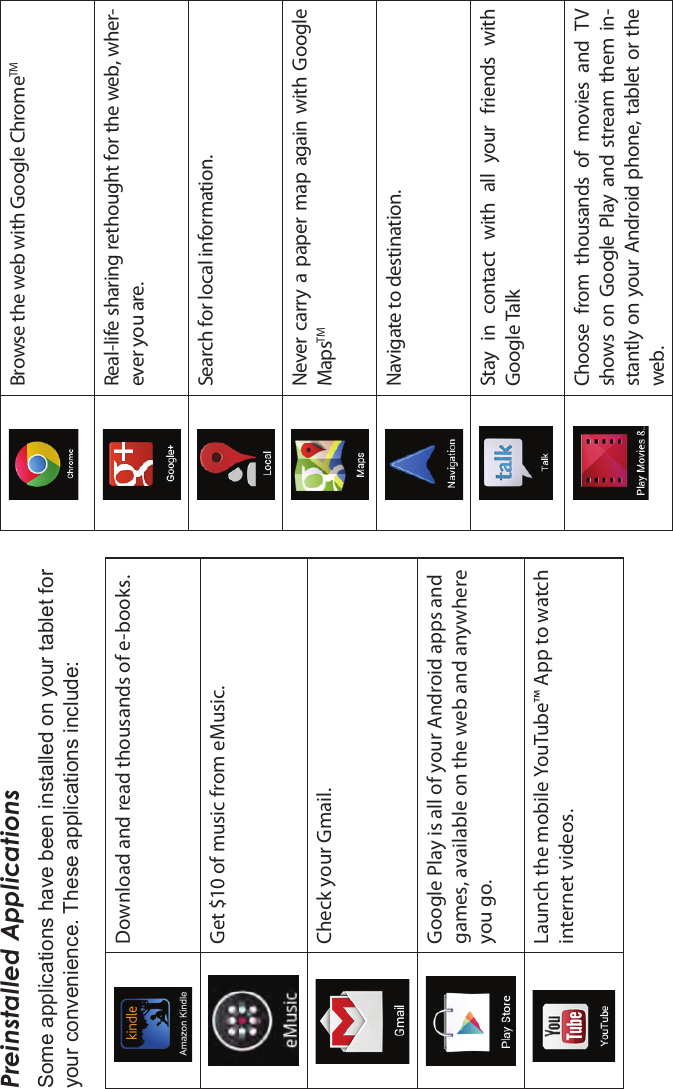 Getting Started Page 17EnglishPreinstalled ApplicationsSome applications have been installed on your tablet for your convenience. These applications include:Download and read thousands of e-books.Get $10 of music from eMusic.  Check your Gmail.Google Play is all of your Android apps and games, available on the web and anywhere you go.Launch the mobile YouTube™ App to watch internet videos.Browse the web with Google ChromeTMReal-life sharing rethought for the web, wher-ever you are.Search for local information.Never carry a  paper map again with GoogleMapsTMNavigate to destination.Stay  in  contact  with  all  your  friends  withGoogle TalkChoose  from  thousands  of  movies  and  TVshows  on  Google  Play  and  stream  them  in-stantly on your Android phone, tablet or theweb.