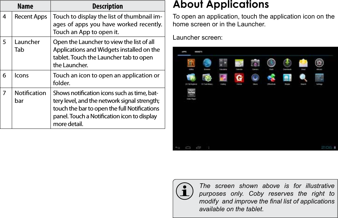 Page 16  Getting StartedEnglishName Description4Recent Apps Touch to display the list of thumbnail im-ages of apps you have worked recently. Touch an App to open it.5Launcher TabOpen the Launcher to view the list of all Applications and Widgets installed on the tablet. Touch the Launcher tab to open the Launcher.6Icons Touch an icon to open an application or folder.7Notication barShows notication icons such as time, bat-tery level, and the network signal strength; touch the bar to open the full Notications panel. Touch a Notication icon to display more detail. About ApplicationsTo open an application, touch the application icon on the home screen or in the Launcher.Launcher screen:  The screen shown above is for illustrative purposes  only.  Coby  reserves  the  right  to modify  and improve the nal list of applications available on the tablet.