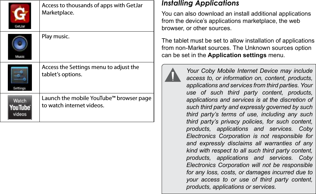 Page 18  Getting StartedEnglishAccess to thousands of apps with GetJar Marketplace.Play music.Access the Settings menu to adjust the tablet’s options.Launch the mobile YouTube™ browser page to watch internet videos.Installing ApplicationsYou can also download an install additional applications from the device’s applications marketplace, the web browser, or other sources.The tablet must be set to allow installation of applications from non-Market sources. The Unknown sources option can be set in the Application settings menu.  Your  Coby Mobile  Internet  Device  may  include access to, or information on, content, products, applications and services from third parties. Your use of such third party content, products, applications and services is at the discretion of such third party and expressly governed by such third party’s terms of use, including any such third party’s privacy policies, for such content, products,  applications  and  services.  Coby Electronics Corporation is not responsible for and expressly disclaims all warranties of any kind with respect to all such third party content, products,  applications  and  services.  Coby Electronics Corporation will not be responsible for any loss, costs, or damages incurred due to your access to or use of third party content, products, applications or services.