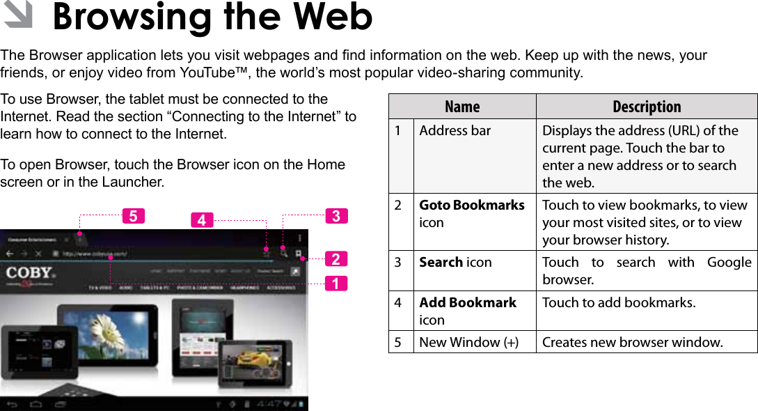 Page 24  Browsing The WebEnglish ÂBrowsing the WebThe Browser application lets you visit webpages and nd information on the web. Keep up with the news, your friends, or enjoy video from YouTube™, the world’s most popular video-sharing community.To use Browser, the tablet must be connected to the Internet. Read the section “Connecting to the Internet” to learn how to connect to the Internet.To open Browser, touch the Browser icon on the Home screen or in the Launcher.12435Name Description1Address bar Displays the address (URL) of the current page. Touch the bar to enter a new address or to search the web.2Goto Bookmarks iconTouch to view bookmarks, to view your most visited sites, or to view your browser history.3Search icon Touch to search with Google browser.4Add Bookmark iconTouch to add bookmarks.5 New Window (+) Creates new browser window.