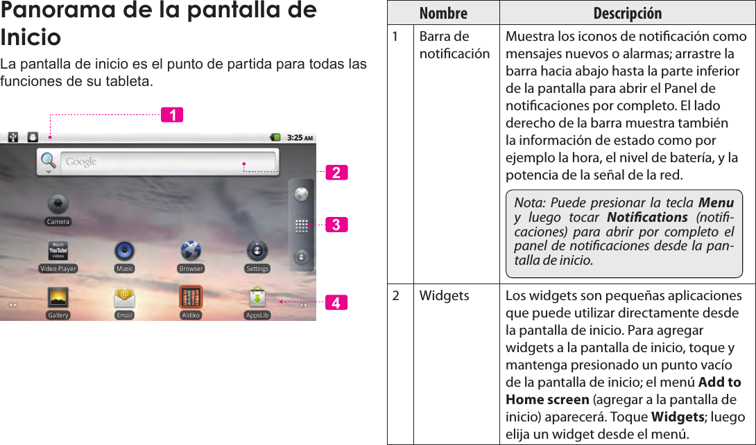 EspañolPage 56  Para EmpezarPanorama de la pantalla de InicioLa pantalla de inicio es el punto de partida para todas las funciones de su tableta.2341Nombre Descripción Barra de noticaciónMuestra los iconos de noticación como mensajes nuevos o alarmas; arrastre la barra hacia abajo hasta la parte inferior de la pantalla para abrir el Panel de noticaciones por completo. El lado derecho de la barra muestra también la información de estado como por ejemplo la hora, el nivel de batería, y la potencia de la señal de la red.Nota:  Puede  presionar  la  tecla  Menu y  luego  tocar  Notications  (noti-caciones)  para  abrir  por  completo  el panel de noticaciones  desde la pan-talla de inicio. Widgets Los widgets son pequeñas aplicaciones que puede utilizar directamente desde la pantalla de inicio. Para agregar widgets a la pantalla de inicio, toque y mantenga presionado un punto vacío de la pantalla de inicio; el menú Add to Home screen (agregar a la pantalla de inicio) aparecerá. Toque Widgets; luego elija un widget desde el menú.