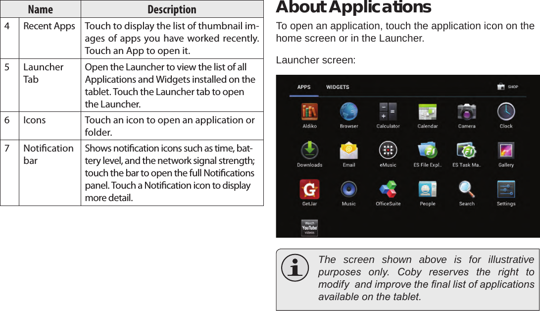 Page 16  Getting StartedEnglishName Description4Recent Apps Touch to display the list of thumbnail im-ages of apps you have worked recently. Touch an App to open it.5Launcher TabOpen the Launcher to view the list of all Applications and Widgets installed on the tablet. Touch the Launcher tab to open the Launcher.6Icons Touch an icon to open an application or folder.7Notication barShows notication icons such as time, bat-tery level, and the network signal strength; touch the bar to open the full Notications panel. Touch a Notication icon to display more detail. About ApplicationsTo open an application, touch the application icon on the home screen or in the Launcher.Launcher screen:  The screen shown above is for illustrative purposes  only.  Coby  reserves  the  right  to modify  and improve the nal list of applications available on the tablet.