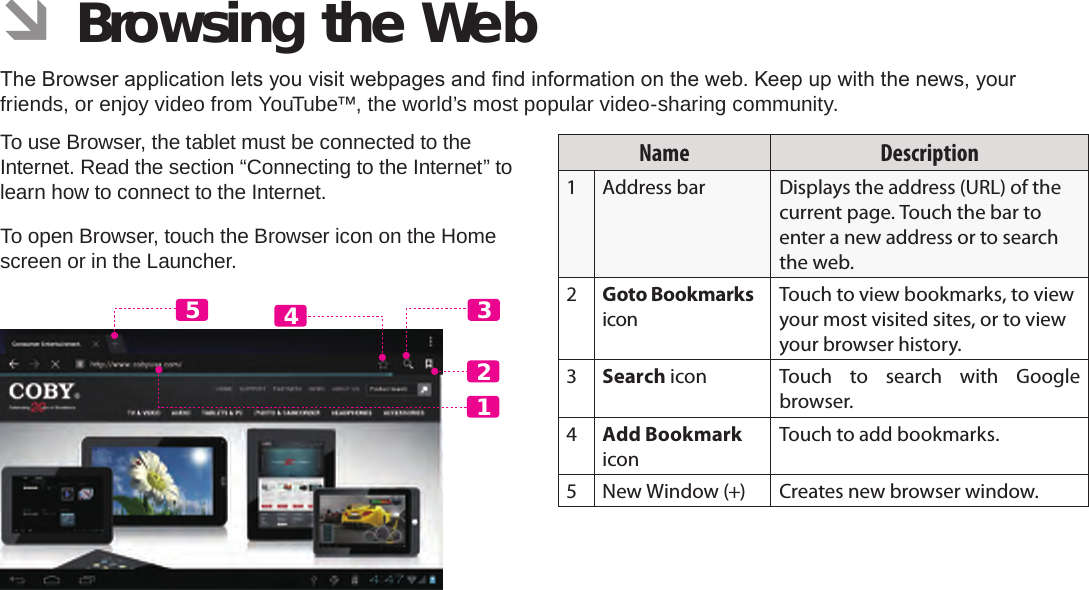 Page 24  Browsing The WebEnglish ÂBrowsing the WebThe Browser application lets you visit webpages and nd information on the web. Keep up with the news, your friends, or enjoy video from YouTube™, the world’s most popular video-sharing community.To use Browser, the tablet must be connected to the Internet. Read the section “Connecting to the Internet” to learn how to connect to the Internet.To open Browser, touch the Browser icon on the Home screen or in the Launcher.12435Name Description1Address bar Displays the address (URL) of the current page. Touch the bar to enter a new address or to search the web.2Goto Bookmarks iconTouch to view bookmarks, to view your most visited sites, or to view your browser history.3Search icon Touch to search with Google browser.4Add Bookmark iconTouch to add bookmarks.5 New Window (+) Creates new browser window.