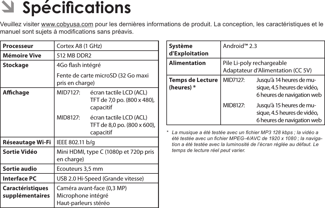 Français Page 130  SpécicationsÂVeuillez visiter www.cobyusa.com pour les dernières informations de produit. La conception, les caractéristiques et le manuel sont sujets à modications sans préavis.Processeur Cortex A8 (1 GHz)Mémoire Vive 512 MB DDR2Stockage 4Go ash intégréFente de carte microSD (32 Go maxi pris en charge)Achage MID7127: écran tactile LCD (ACL) TFT de 7,0 po. (800 x 480), capacitifMID8127:  écran tactile LCD (ACL) TFT de 8,0 po. (800 x 600), capacitifRéseautage Wi-Fi IEEE 802.11 b/gSortie Vidéo Mini HDMI, type C (1080p et 720p pris en charge)Sortie audio Ecouteurs 3,5 mmInterface PC USB 2.0 Hi-Speed (Grande vitesse)Caractéristiques supplémentairesCaméra avant-face (0,3 MP) Microphone intégré Haut-parleurs stéréoSystème d&apos;ExploitationAndroid™ 2.3Alimentation Pile Li-poly rechargeable Adaptateur d’Alimentation (CC 5V)Temps de Lecture (heures) *MID7127:  Jusqu’à 14 heures de mu-sique, 4.5 heures de vidéo, 6 heures de navigation webMID8127:  Jusqu’à 15 heures de mu-sique, 4.5 heures de vidéo, 6 heures de navigation web* LamusiqueaététestéeavecunchierMP3128kbps;lavidéoaététestéeavecunchierMPEG-4/AVCde1920x1080;lanaviga-tionaététestéeaveclaluminositédel’écranrégléeaudéfaut.Letempsdelectureréelpeutvarier.
