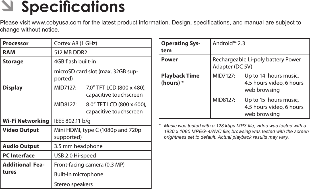 Page 39  SpecicationsEnglishÂPlease visit www.cobyusa.com for the latest product information. Design, specications, and manual are subject to change without notice.Processor Cortex A8 (1 GHz)RAM 512 MB DDR2Storage 4GB ash built-inmicroSD card slot (max. 32GB sup-ported)Display MID7127: 7.0” TFT LCD (800 x 480), capacitive touchscreenMID8127: 8.0” TFT LCD (800 x 600), capacitive touchscreenWi-Fi Networking IEEE 802.11 b/gVideo Output Mini HDMI, type C (1080p and 720p supported)Audio Output 3.5 mm headphonePC Interface USB 2.0 Hi-speedAdditional  Fea-turesFront-facing camera (0.3 MP)Built-in microphoneStereo speakersOperating Sys-temAndroid™ 2.3Power Rechargeable Li-poly battery Power Adapter (DC 5V)Playback Time (hours) *MID7127: Up to 14  hours music, 4.5 hours video, 6 hours web browsingMID8127:  Up to 15  hours music, 4.5 hours video, 6 hours web browsing* Musicwastestedwitha128kbpsMP3le;videowastestedwitha1920x1080MPEG-4/AVCle;browsingwastestedwiththescreenbrightnesssettodefault.Actualplaybackresultsmayvary.