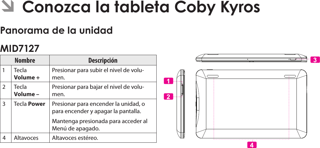 EspañolPage 49  Conozca La Tableta Coby KyrosÂ Nombre Descripción Tecla Volume + Presionar para subir el nivel de volu-men. Tecla Volume – Presionar para bajar el nivel de volu-men. Tecla Power  Presionar para encender la unidad, o para encender y apagar la pantalla.Mantenga presionada para acceder al Menú de apagado. Altavoces Altavoces estéreo.