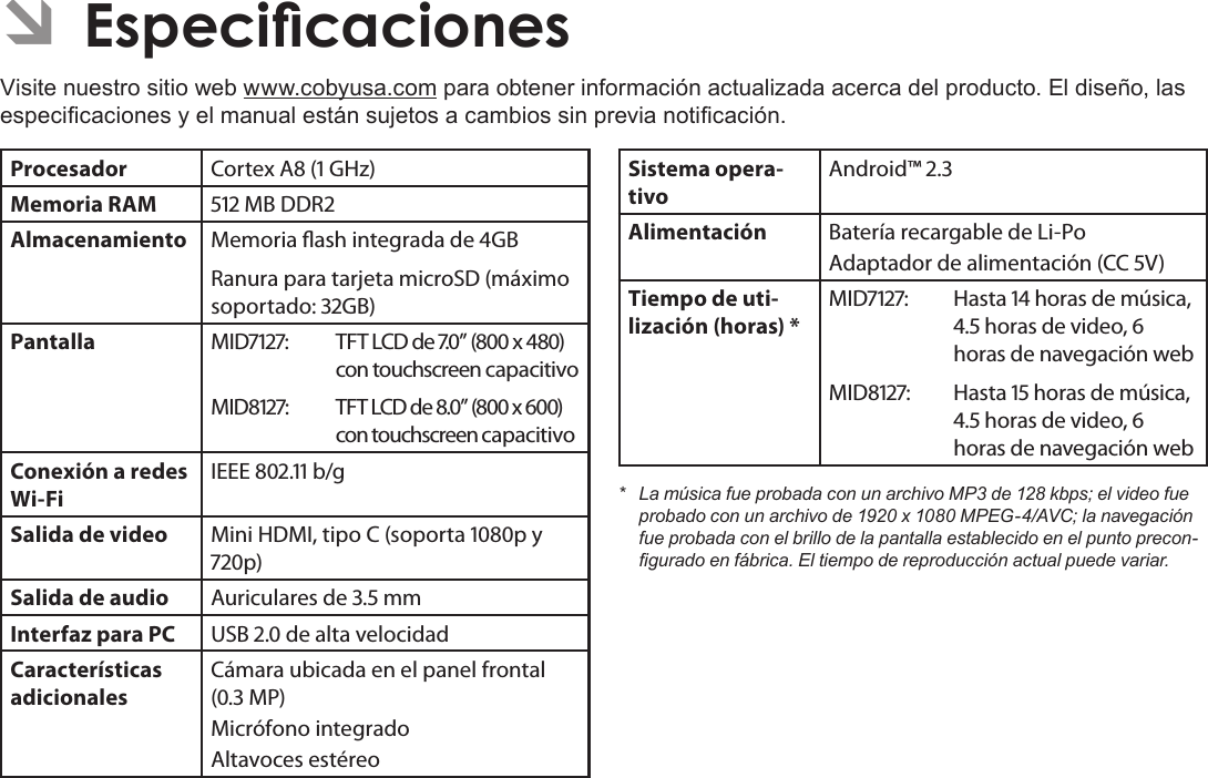 EspañolPage 84  EspecicacionesÂVisite nuestro sitio web www.cobyusa.com para obtener información actualizada acerca del producto. El diseño, las especicaciones y el manual están sujetos a cambios sin previa noticación.Procesador Cortex A ( GHz)Memoria RAM  MB DDRAlmacenamiento Memoria ash integrada de GBRanura para tarjeta microSD (máximo soportado: GB)Pantalla MID:  TFT LCD de .” ( x ) con touchscreen capacitivoMID:  TFT LCD de .” ( x ) con touchscreen capacitivoConexión a redes Wi-FiIEEE . b/gSalida de video Mini HDMI, tipo C (soporta p y p)Salida de audio Auriculares de . mmInterfaz para PC USB . de alta velocidadCaracterísticas adicionalesCámara ubicada en el panel frontal (. MP)Micrófono integradoAltavoces estéreoSistema opera-tivoAndroid™ .Alimentación Batería recargable de Li-Po Adaptador de alimentación (CC V)Tiempo de uti-lización (horas) *MID:  Hasta  horas de música, . horas de video,  horas de navegación webMID:  Hasta  horas de música, . horas de video,  horas de navegación web* LamúsicafueprobadaconunarchivoMP3de128kbps;elvideofueprobadoconunarchivode1920x1080MPEG-4/AVC;lanavegaciónfueprobadaconelbrillodelapantallaestablecidoenelpuntoprecon-guradoenfábrica.Eltiempodereproducciónactualpuedevariar.