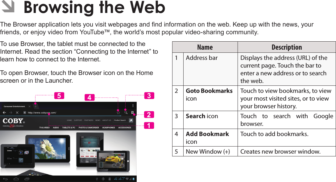Page 24  Browsing The WebEnglish ÂBrowsing the Webfriends, or enjoy video from YouTube™, the world’s most popular video-sharing community.To use Browser, the tablet must be connected to the Internet. Read the section “Connecting to the Internet” to learn how to connect to the Internet.To open Browser, touch the Browser icon on the Home screen or in the Launcher.12435Name Description1Address bar Displays the address (URL) of the current page. Touch the bar to enter a new address or to search the web.2Goto Bookmarks iconTouch to view bookmarks, to view your most visited sites, or to view your browser history.3Search icon Touch to search with Google browser.4Add Bookmark iconTouch to add bookmarks.5 New Window (+) Creates new browser window.