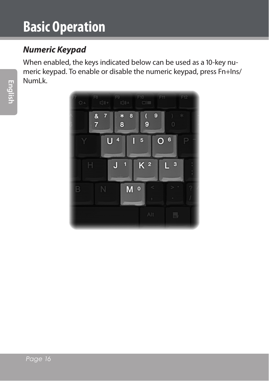 Page 16 EnglishBasic OperationNumeric KeypadWhen enabled, the keys indicated below can be used as a -key nu-meric keypad. To enable or disable the numeric keypad, press Fn+Ins/NumLk.