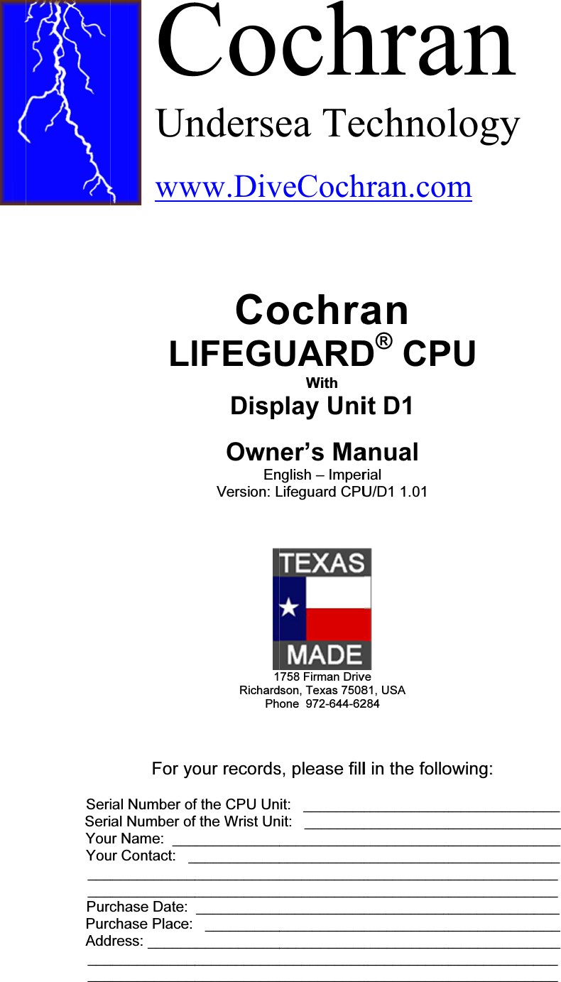 Cochran Consulting 44556 05 Dive Computer User Manual Lifeguardcpu D1