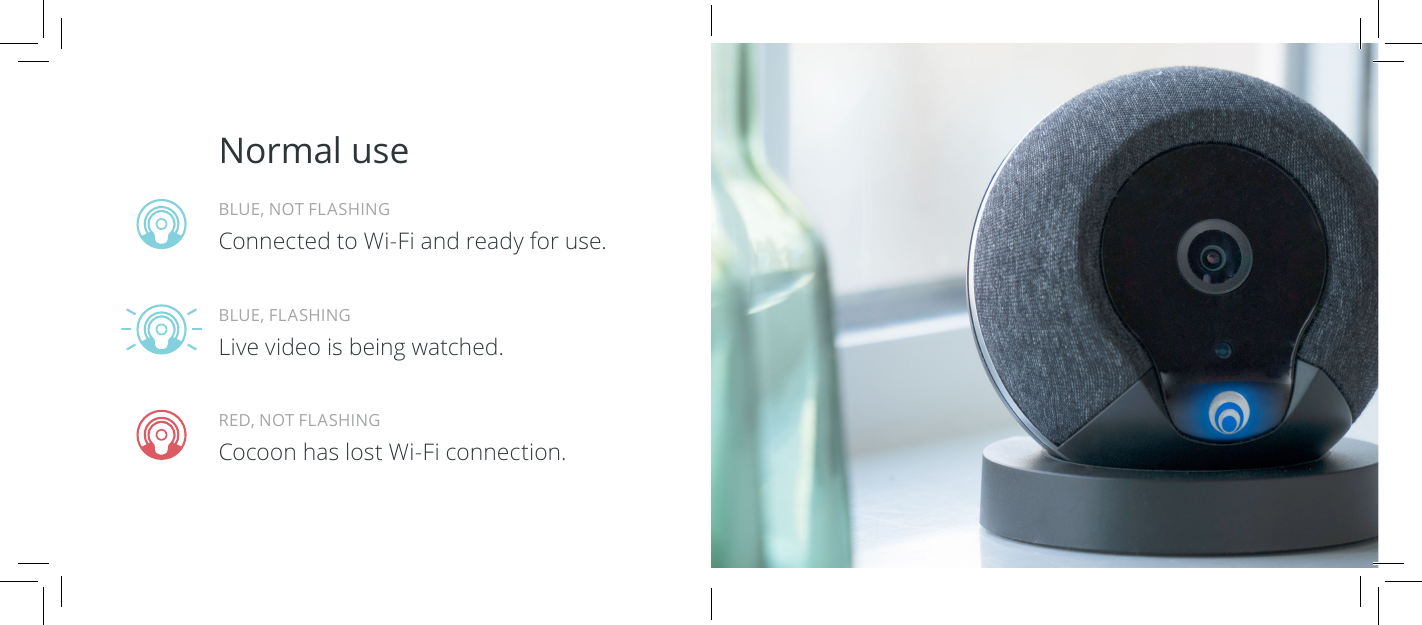 Normal useRED, NOT FLASHINGCocoon has lost Wi-Fi connection.BLUE, FLASHINGLive video is being watched.BLUE, NOT FLASHINGConnected to Wi-Fi and ready for use.
