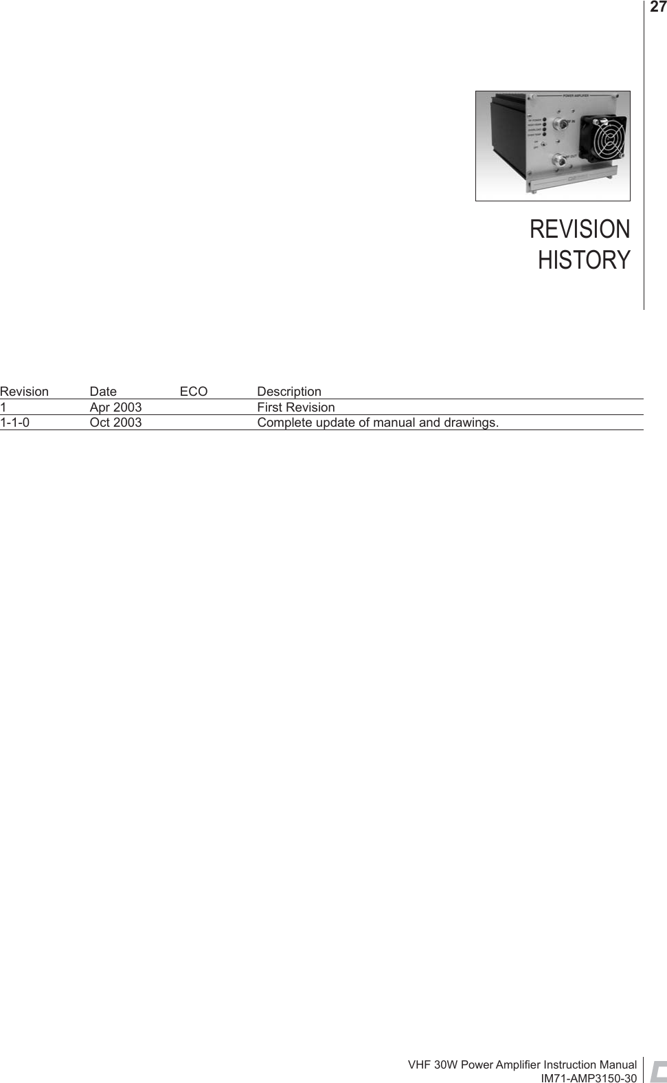 VHF 30W Power Ampliﬁ er Instruction ManualIM71-AMP3150-3027REVISION HISTORYRevision Date  ECO  Description1  Apr 2003    First Revision1-1-0  Oct 2003    Complete update of manual and drawings.