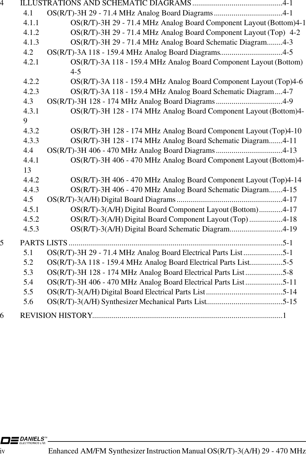 ivEnhanced AM/FM Synthesizer Instruction Manual OS(R/T)-3(A/H) 29 - 470 MHz4 ILLUSTRATIONS AND SCHEMATIC DIAGRAMS..............................................4-14.1 OS(R/T)-3H 29 - 71.4 MHz Analog Board Diagrams...................................4-14.1.1 OS(R/T)-3H 29 - 71.4 MHz Analog Board Component Layout (Bottom)4-14.1.2 OS(R/T)-3H 29 - 71.4 MHz Analog Board Component Layout (Top) 4-24.1.3 OS(R/T)-3H 29 - 71.4 MHz Analog Board Schematic Diagram........4-34.2 OS(R/T)-3A 118 - 159.4 MHz Analog Board Diagrams................................4-54.2.1 OS(R/T)-3A 118 - 159.4 MHz Analog Board Component Layout (Bottom)4-54.2.2 OS(R/T)-3A 118 - 159.4 MHz Analog Board Component Layout (Top)4-64.2.3 OS(R/T)-3A 118 - 159.4 MHz Analog Board Schematic Diagram....4-74.3 OS(R/T)-3H 128 - 174 MHz Analog Board Diagrams..................................4-94.3.1 OS(R/T)-3H 128 - 174 MHz Analog Board Component Layout (Bottom)4-94.3.2 OS(R/T)-3H 128 - 174 MHz Analog Board Component Layout (Top)4-104.3.3 OS(R/T)-3H 128 - 174 MHz Analog Board Schematic Diagram.......4-114.4 OS(R/T)-3H 406 - 470 MHz Analog Board Diagrams..................................4-134.4.1 OS(R/T)-3H 406 - 470 MHz Analog Board Component Layout (Bottom)4-134.4.2 OS(R/T)-3H 406 - 470 MHz Analog Board Component Layout (Top)4-144.4.3 OS(R/T)-3H 406 - 470 MHz Analog Board Schematic Diagram.......4-154.5 OS(R/T)-3(A/H) Digital Board Diagrams......................................................4-174.5.1 OS(R/T)-3(A/H) Digital Board Component Layout (Bottom)............4-174.5.2 OS(R/T)-3(A/H) Digital Board Component Layout (Top) .................4-184.5.3 OS(R/T)-3(A/H) Digital Board Schematic Diagram...........................4-195 PARTS LISTS.............................................................................................................5-15.1 OS(R/T)-3H 29 - 71.4 MHz Analog Board Electrical Parts List....................5-15.2 OS(R/T)-3A 118 - 159.4 MHz Analog Board Electrical Parts List.................5-55.3 OS(R/T)-3H 128 - 174 MHz Analog Board Electrical Parts List...................5-85.4 OS(R/T)-3H 406 - 470 MHz Analog Board Electrical Parts List...................5-115.5 OS(R/T)-3(A/H) Digital Board Electrical Parts List.......................................5-145.6 OS(R/T)-3(A/H) Synthesizer Mechanical Parts List.......................................5-156 REVISION HISTORY.................................................................................................1