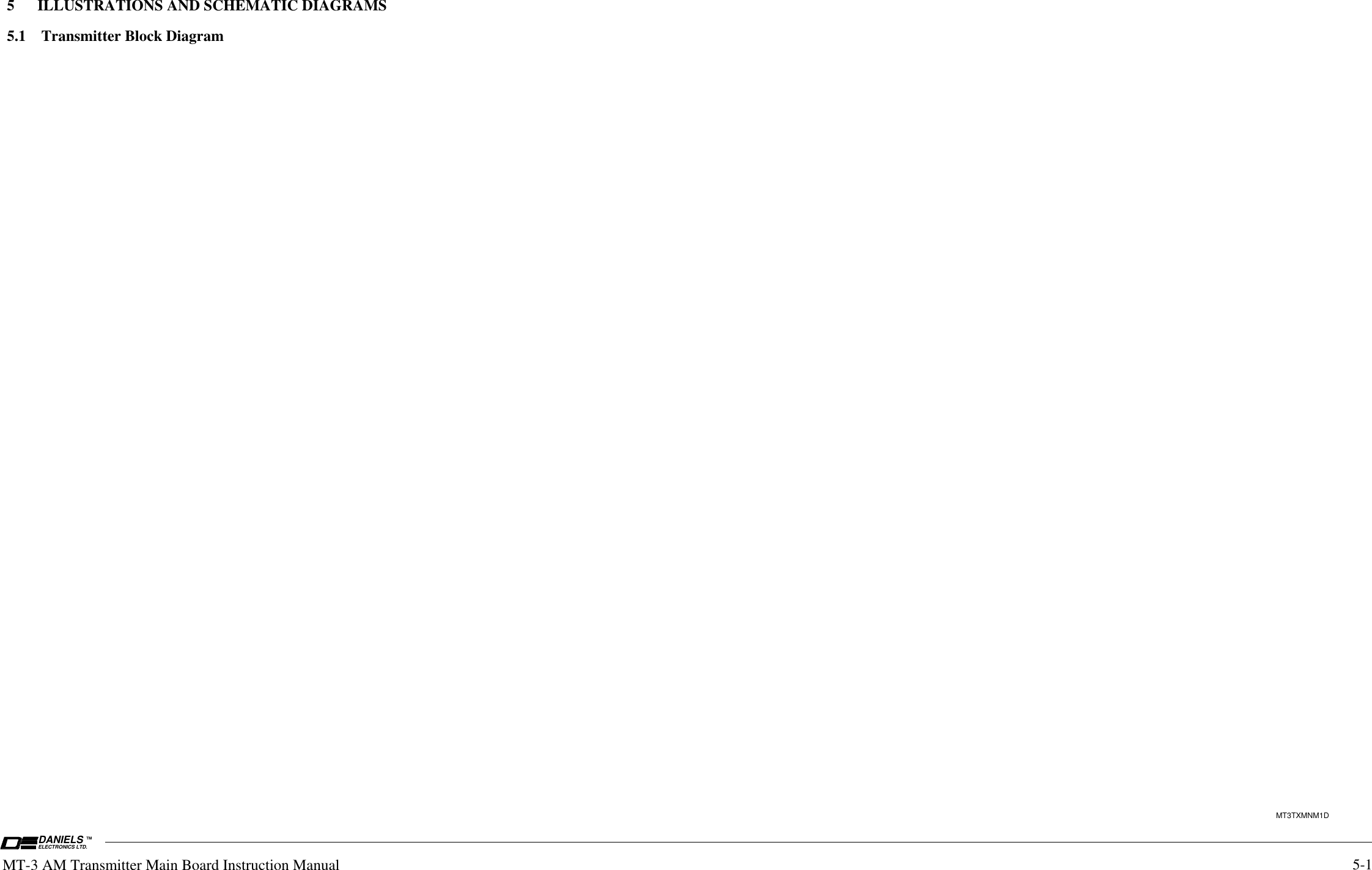ELECTRONICS LTD.DANIELSTMMT-3 AM Transmitter Main Board Instruction Manual5      ILLUSTRATIONS AND SCHEMATIC DIAGRAMS          5.1    Transmitter Block Diagram5-1MT3TXMNM1D