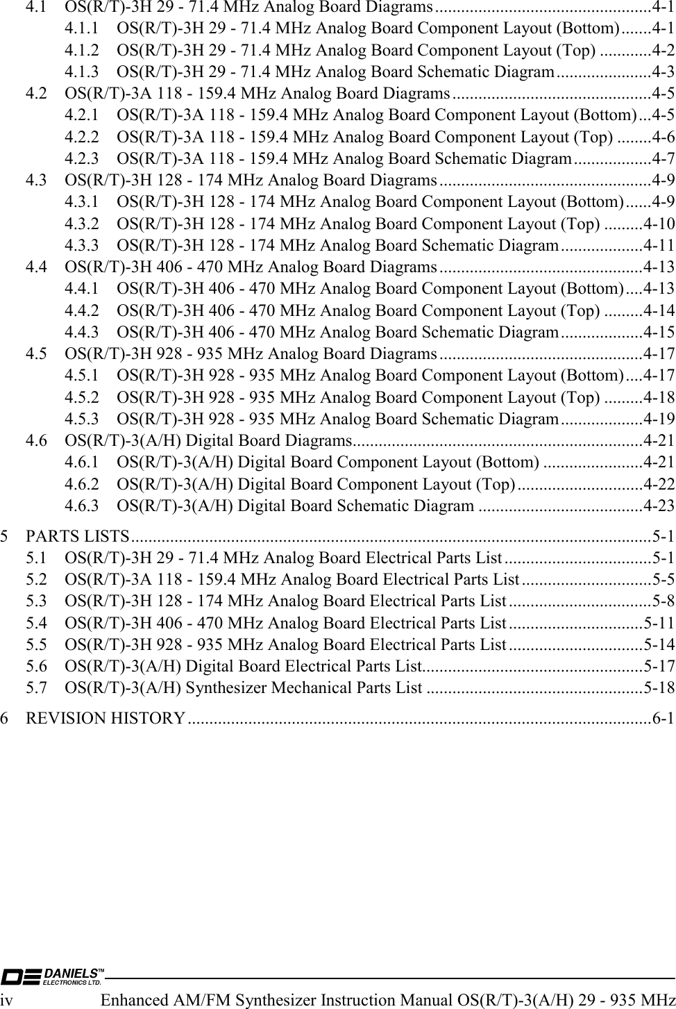  iv  Enhanced AM/FM Synthesizer Instruction Manual OS(R/T)-3(A/H) 29 - 935 MHz 4.1  OS(R/T)-3H 29 - 71.4 MHz Analog Board Diagrams..................................................4-1 4.1.1  OS(R/T)-3H 29 - 71.4 MHz Analog Board Component Layout (Bottom).......4-1 4.1.2  OS(R/T)-3H 29 - 71.4 MHz Analog Board Component Layout (Top) ............4-2 4.1.3  OS(R/T)-3H 29 - 71.4 MHz Analog Board Schematic Diagram......................4-3 4.2  OS(R/T)-3A 118 - 159.4 MHz Analog Board Diagrams ..............................................4-5 4.2.1  OS(R/T)-3A 118 - 159.4 MHz Analog Board Component Layout (Bottom)...4-5 4.2.2  OS(R/T)-3A 118 - 159.4 MHz Analog Board Component Layout (Top) ........4-6 4.2.3  OS(R/T)-3A 118 - 159.4 MHz Analog Board Schematic Diagram..................4-7 4.3  OS(R/T)-3H 128 - 174 MHz Analog Board Diagrams .................................................4-9 4.3.1  OS(R/T)-3H 128 - 174 MHz Analog Board Component Layout (Bottom)......4-9 4.3.2  OS(R/T)-3H 128 - 174 MHz Analog Board Component Layout (Top) .........4-10 4.3.3  OS(R/T)-3H 128 - 174 MHz Analog Board Schematic Diagram...................4-11 4.4  OS(R/T)-3H 406 - 470 MHz Analog Board Diagrams ...............................................4-13 4.4.1  OS(R/T)-3H 406 - 470 MHz Analog Board Component Layout (Bottom)....4-13 4.4.2  OS(R/T)-3H 406 - 470 MHz Analog Board Component Layout (Top) .........4-14 4.4.3  OS(R/T)-3H 406 - 470 MHz Analog Board Schematic Diagram...................4-15 4.5  OS(R/T)-3H 928 - 935 MHz Analog Board Diagrams ...............................................4-17 4.5.1  OS(R/T)-3H 928 - 935 MHz Analog Board Component Layout (Bottom)....4-17 4.5.2  OS(R/T)-3H 928 - 935 MHz Analog Board Component Layout (Top) .........4-18 4.5.3  OS(R/T)-3H 928 - 935 MHz Analog Board Schematic Diagram...................4-19 4.6  OS(R/T)-3(A/H) Digital Board Diagrams...................................................................4-21 4.6.1  OS(R/T)-3(A/H) Digital Board Component Layout (Bottom) .......................4-21 4.6.2  OS(R/T)-3(A/H) Digital Board Component Layout (Top).............................4-22 4.6.3  OS(R/T)-3(A/H) Digital Board Schematic Diagram ......................................4-23 5 PARTS LISTS........................................................................................................................5-1 5.1  OS(R/T)-3H 29 - 71.4 MHz Analog Board Electrical Parts List..................................5-1 5.2  OS(R/T)-3A 118 - 159.4 MHz Analog Board Electrical Parts List ..............................5-5 5.3  OS(R/T)-3H 128 - 174 MHz Analog Board Electrical Parts List .................................5-8 5.4  OS(R/T)-3H 406 - 470 MHz Analog Board Electrical Parts List ...............................5-11 5.5  OS(R/T)-3H 928 - 935 MHz Analog Board Electrical Parts List ...............................5-14 5.6  OS(R/T)-3(A/H) Digital Board Electrical Parts List...................................................5-17 5.7  OS(R/T)-3(A/H) Synthesizer Mechanical Parts List ..................................................5-18 6 REVISION HISTORY...........................................................................................................6-1    