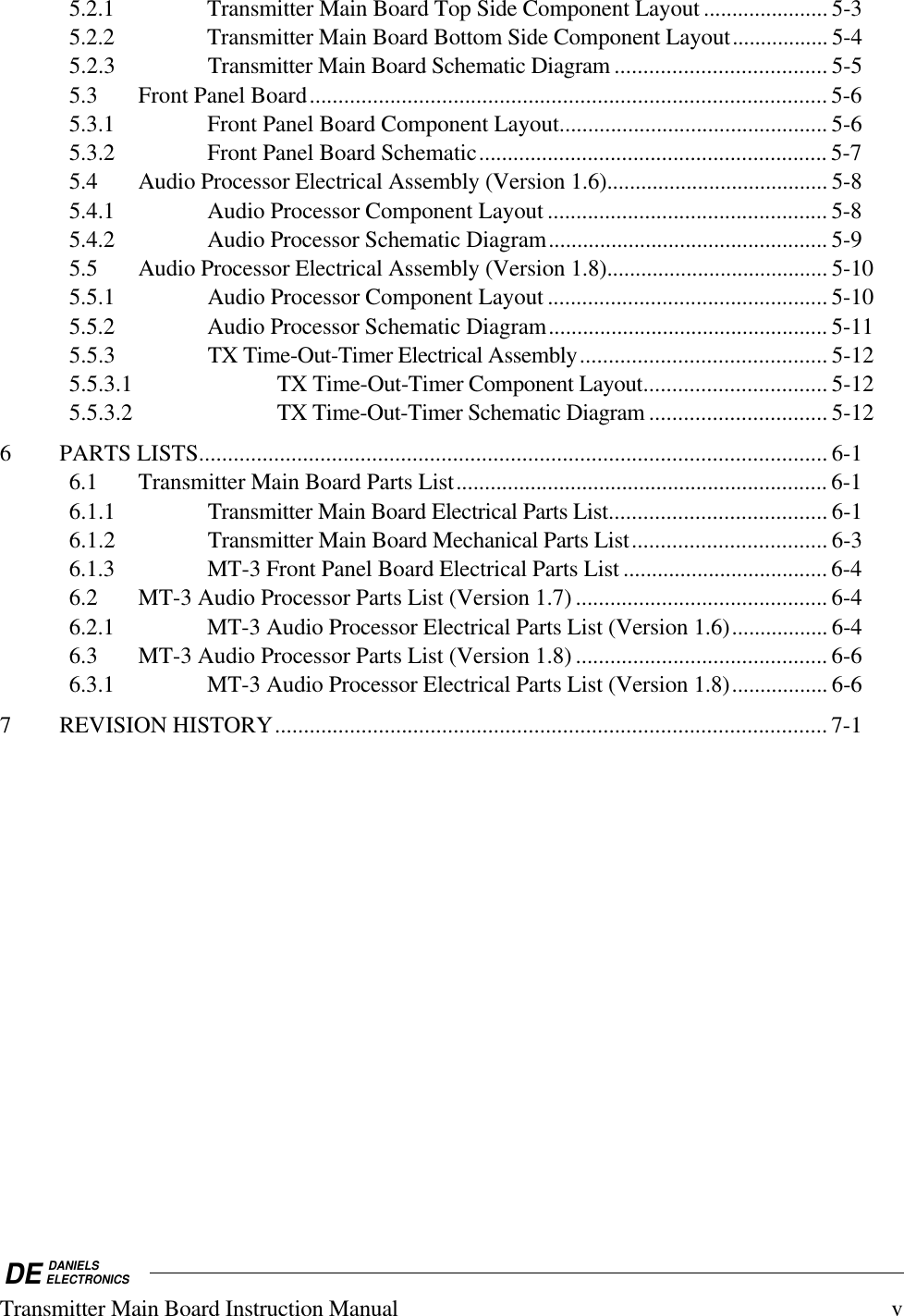 DE DANIELSELECTRONICSTransmitter Main Board Instruction Manual v5.2.1 Transmitter Main Board Top Side Component Layout ...................... 5-35.2.2 Transmitter Main Board Bottom Side Component Layout................. 5-45.2.3 Transmitter Main Board Schematic Diagram ..................................... 5-55.3 Front Panel Board.......................................................................................... 5-65.3.1 Front Panel Board Component Layout............................................... 5-65.3.2 Front Panel Board Schematic............................................................. 5-75.4 Audio Processor Electrical Assembly (Version 1.6)....................................... 5-85.4.1 Audio Processor Component Layout ................................................. 5-85.4.2 Audio Processor Schematic Diagram................................................. 5-95.5 Audio Processor Electrical Assembly (Version 1.8)....................................... 5-105.5.1 Audio Processor Component Layout ................................................. 5-105.5.2 Audio Processor Schematic Diagram................................................. 5-115.5.3 TX Time-Out-Timer Electrical Assembly........................................... 5-125.5.3.1 TX Time-Out-Timer Component Layout................................ 5-125.5.3.2 TX Time-Out-Timer Schematic Diagram ............................... 5-126 PARTS LISTS............................................................................................................. 6-16.1 Transmitter Main Board Parts List................................................................. 6-16.1.1 Transmitter Main Board Electrical Parts List...................................... 6-16.1.2 Transmitter Main Board Mechanical Parts List.................................. 6-36.1.3 MT-3 Front Panel Board Electrical Parts List .................................... 6-46.2 MT-3 Audio Processor Parts List (Version 1.7) ............................................ 6-46.2.1 MT-3 Audio Processor Electrical Parts List (Version 1.6)................. 6-46.3 MT-3 Audio Processor Parts List (Version 1.8) ............................................ 6-66.3.1 MT-3 Audio Processor Electrical Parts List (Version 1.8)................. 6-67 REVISION HISTORY................................................................................................ 7-1