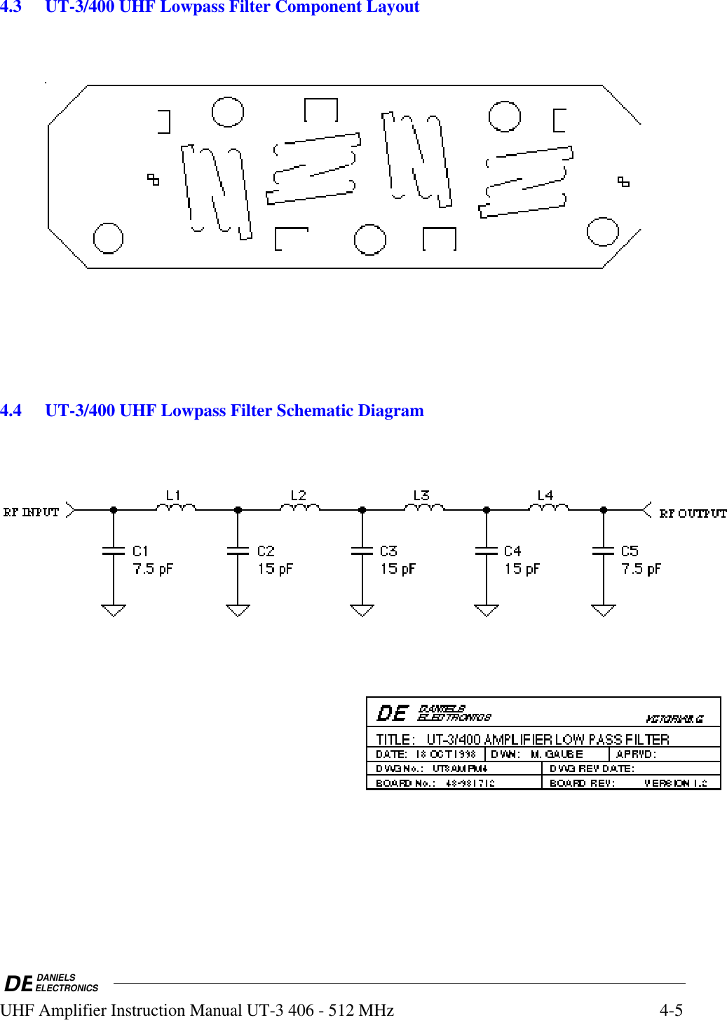 DEDANIELSELECTRONICSUHF Amplifier Instruction Manual UT-3 406 - 512 MHz4-54.3UT-3/400 UHF Lowpass Filter Component Layout4.4 UT-3/400 UHF Lowpass Filter Schematic Diagram