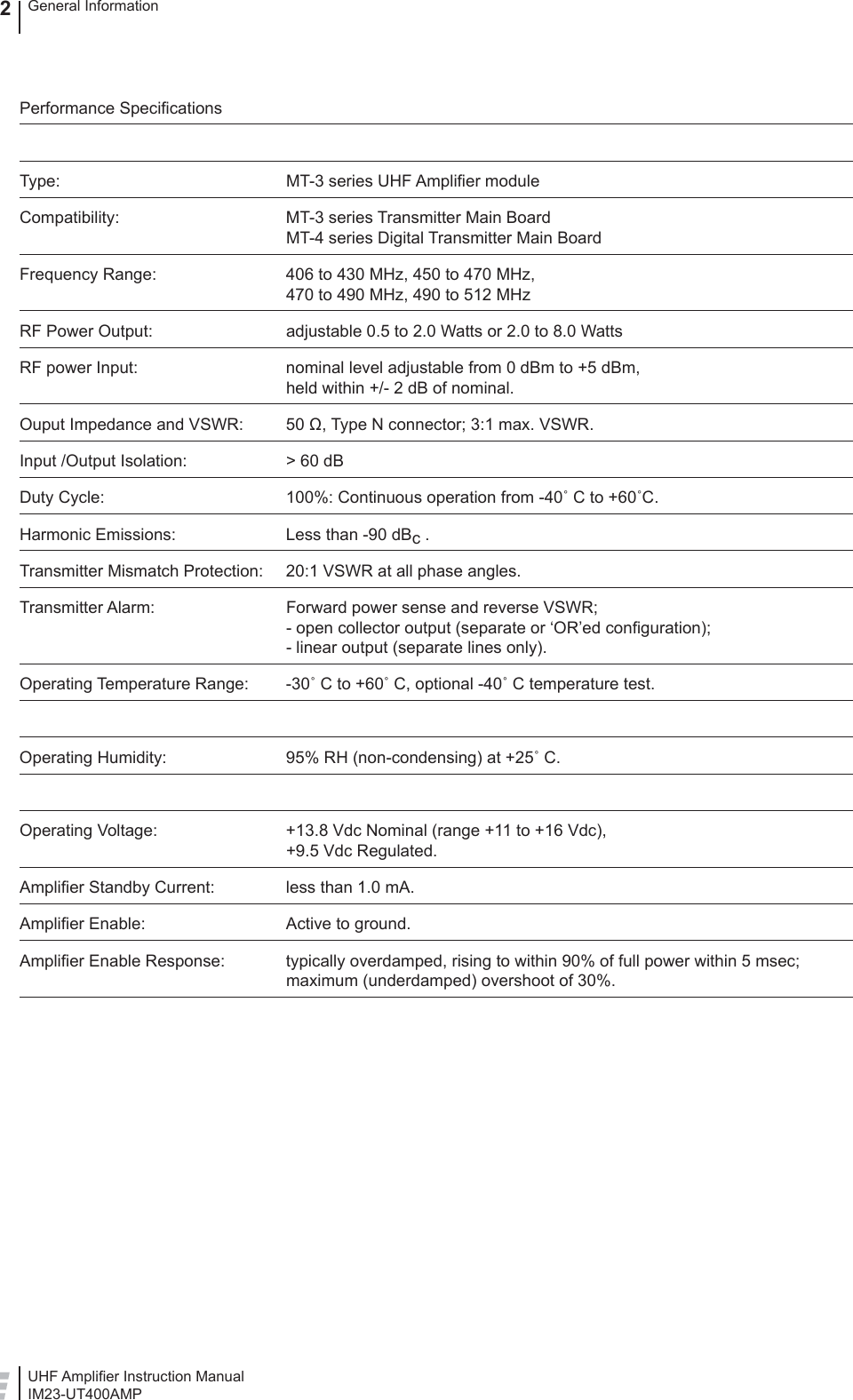 UHF Ampliﬁ er Instruction ManualIM23-UT400AMPGeneral Information2Performance Speciﬁ cationsType:  MT-3 series UHF Ampliﬁ er moduleCompatibility:  MT-3 series Transmitter Main BoardMT-4 series Digital Transmitter Main BoardFrequency Range:  406 to 430 MHz, 450 to 470 MHz, 470 to 490 MHz, 490 to 512 MHzRF Power Output:  adjustable 0.5 to 2.0 Watts or 2.0 to 8.0 WattsRF power Input:  nominal level adjustable from 0 dBm to +5 dBm, held within +/- 2 dB of nominal.Ouput Impedance and VSWR:  50 Ω, Type N connector; 3:1 max. VSWR.Input /Output Isolation:  &gt; 60 dBDuty Cycle:  100%: Continuous operation from -40˚ C to +60˚C.Harmonic Emissions:  Less than -90 dBc .Transmitter Mismatch Protection:  20:1 VSWR at all phase angles.Transmitter Alarm:  Forward power sense and reverse VSWR;         - open collector output (separate or ‘OR’ed conﬁ guration);     - linear output (separate lines only).Operating Temperature Range:  -30˚ C to +60˚ C, optional -40˚ C temperature test.Operating Humidity:  95% RH (non-condensing) at +25˚ C.Operating Voltage:  +13.8 Vdc Nominal (range +11 to +16 Vdc),         +9.5 Vdc Regulated.Ampliﬁ er Standby Current:  less than 1.0 mA.Ampliﬁ er Enable:  Active to ground.Ampliﬁ er Enable Response:  typically overdamped, rising to within 90% of full power within 5 msec; maximum (underdamped) overshoot of 30%.