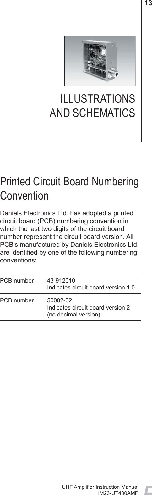 UHF Ampliﬁ er Instruction ManualIM23-UT400AMP13Printed Circuit Board Numbering ConventionDaniels Electronics Ltd. has adopted a printed circuit board (PCB) numbering convention in which the last two digits of the circuit board number represent the circuit board version. All PCB’s manufactured by Daniels Electronics Ltd. are identiﬁ ed by one of the following numbering conventions:PCB number  43-912010Indicates circuit board version 1.0PCB number  50002-02Indicates circuit board version 2(no decimal version)ILLUSTRATIONS AND SCHEMATICS