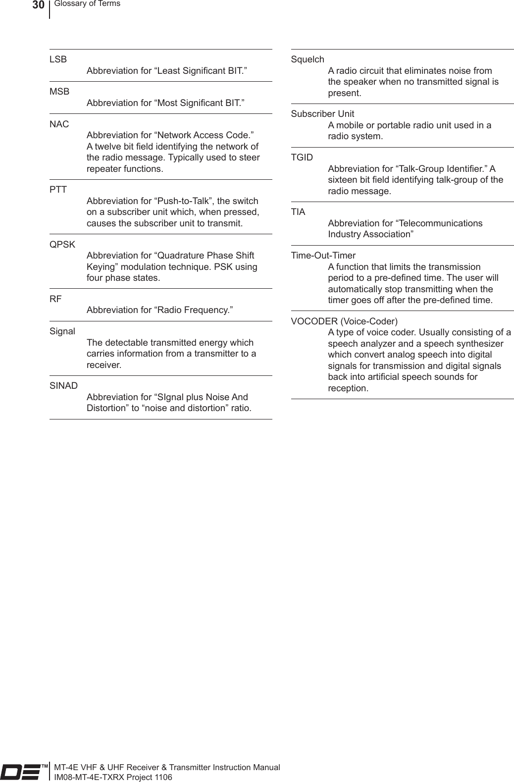 MT-4E VHF &amp; UHF Receiver &amp; Transmitter Instruction ManualIM08-MT-4E-TXRX Project 1106Glossary of Terms30LSB Abbreviation for “Least Signicant BIT.”MSB Abbreviation for “Most Signicant BIT.”NAC Abbreviation for “Network Access Code.” A twelve bit eld identifying the network of the radio message. Typically used to steer repeater functions.PTT Abbreviation for “Push-to-Talk”, the switch on a subscriber unit which, when pressed, causes the subscriber unit to transmit.QPSK Abbreviation for “Quadrature Phase Shift Keying” modulation technique. PSK using four phase states.RF Abbreviation for “Radio Frequency.”Signal The detectable transmitted energy which carries information from a transmitter to a receiver.SINAD Abbreviation for “SIgnal plus Noise And Distortion” to “noise and distortion” ratio.Squelch A radio circuit that eliminates noise from the speaker when no transmitted signal is present.Subscriber Unit A mobile or portable radio unit used in a radio system.TGID Abbreviation for “Talk-Group Identier.” A sixteen bit eld identifying talk-group of the radio message.TIA Abbreviation for “Telecommunications Industry Association”Time-Out-Timer A function that limits the transmission period to a pre-dened time. The user will automatically stop transmitting when the timer goes off after the pre-dened time.VOCODER (Voice-Coder) A type of voice coder. Usually consisting of a speech analyzer and a speech synthesizer which convert analog speech into digital signals for transmission and digital signals back into articial speech sounds for reception.