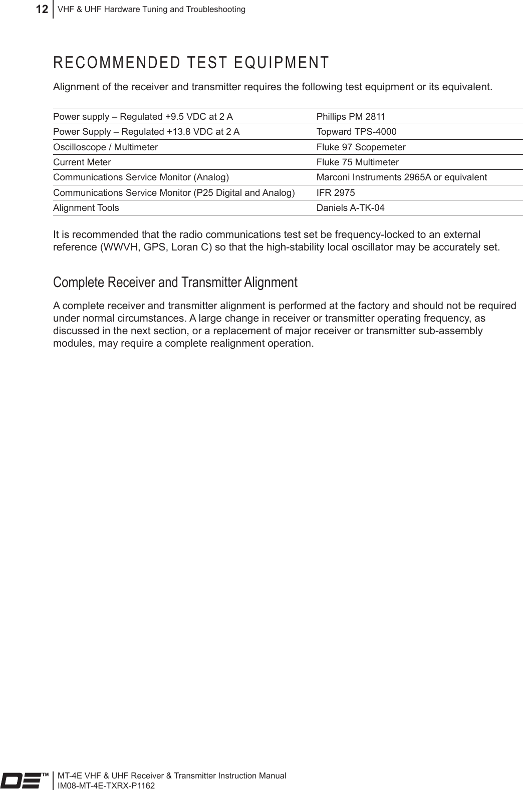 MT-4E VHF &amp; UHF Receiver &amp; Transmitter Instruction ManualIM08-MT-4E-TXRX-P1162VHF &amp; UHF Hardware Tuning and Troubleshooting12RECOMMENDED TEST EQUIPMENTAlignment of the receiver and transmitter requires the following test equipment or its equivalent.Power supply – Regulated +9.5 VDC at 2 A Phillips PM 2811Power Supply – Regulated +13.8 VDC at 2 A Topward TPS-4000Oscilloscope / Multimeter Fluke 97 ScopemeterCurrent Meter Fluke 75 MultimeterCommunications Service Monitor (Analog) Marconi Instruments 2965A or equivalentCommunications Service Monitor (P25 Digital and Analog) IFR 2975 Alignment Tools Daniels A-TK-04It is recommended that the radio communications test set be frequency-locked to an external reference (WWVH, GPS, Loran C) so that the high-stability local oscillator may be accurately set.Complete Receiver and Transmitter AlignmentA complete receiver and transmitter alignment is performed at the factory and should not be required under normal circumstances. A large change in receiver or transmitter operating frequency, as discussed in the next section, or a replacement of major receiver or transmitter sub-assembly modules, may require a complete realignment operation.