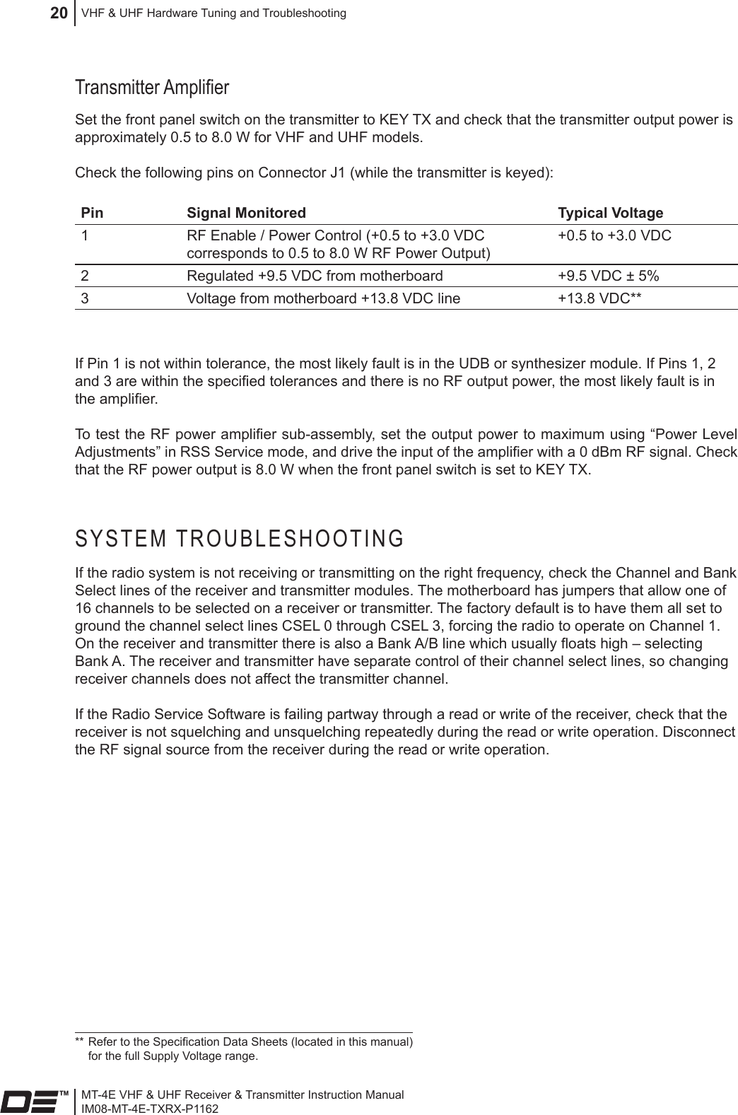MT-4E VHF &amp; UHF Receiver &amp; Transmitter Instruction ManualIM08-MT-4E-TXRX-P1162VHF &amp; UHF Hardware Tuning and Troubleshooting20Transmitter AmplierSet the front panel switch on the transmitter to KEY TX and check that the transmitter output power is approximately 0.5 to 8.0 W for VHF and UHF models.Check the following pins on Connector J1 (while the transmitter is keyed):Pin Signal Monitored Typical Voltage1RF Enable / Power Control (+0.5 to +3.0 VDC corresponds to 0.5 to 8.0 W RF Power Output)+0.5 to +3.0 VDC2 Regulated +9.5 VDC from motherboard +9.5 VDC ± 5%3 Voltage from motherboard +13.8 VDC line +13.8 VDC**If Pin 1 is not within tolerance, the most likely fault is in the UDB or synthesizer module. If Pins 1, 2 and 3 are within the specied tolerances and there is no RF output power, the most likely fault is in the amplier.To test the RF power amplier sub-assembly, set the output power to maximum using “Power Level Adjustments” in RSS Service mode, and drive the input of the amplier with a 0 dBm RF signal. Check that the RF power output is 8.0 W when the front panel switch is set to KEY TX.SYSTEM TROUBLESHOOTINGIf the radio system is not receiving or transmitting on the right frequency, check the Channel and Bank Select lines of the receiver and transmitter modules. The motherboard has jumpers that allow one of 16 channels to be selected on a receiver or transmitter. The factory default is to have them all set to ground the channel select lines CSEL 0 through CSEL 3, forcing the radio to operate on Channel 1. On the receiver and transmitter there is also a Bank A/B line which usually oats high – selecting Bank A. The receiver and transmitter have separate control of their channel select lines, so changing receiver channels does not affect the transmitter channel.If the Radio Service Software is failing partway through a read or write of the receiver, check that the receiver is not squelching and unsquelching repeatedly during the read or write operation. Disconnect the RF signal source from the receiver during the read or write operation.** Refer to the Specication Data Sheets (located in this manual)  for the full Supply Voltage range.