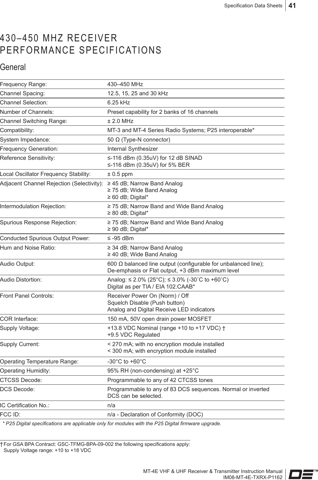 MT-4E VHF &amp; UHF Receiver &amp; Transmitter Instruction ManualIM08-MT-4E-TXRX-P1162Specication Data Sheets 41430–450 MHZ RECEIVER  PERFORMANCE SPECIFICATIONSGeneralFrequency Range: 430–450 MHz  Channel Spacing: 12.5, 15, 25 and 30 kHz Channel Selection: 6.25 kHzNumber of Channels: Preset capability for 2 banks of 16 channelsChannel Switching Range: ± 2.0 MHzCompatibility: MT-3 and MT-4 Series Radio Systems; P25 interoperable*System Impedance: 50 Ω (Type-N connector)Frequency Generation: Internal SynthesizerReference Sensitivity: ≤-116 dBm (0.35uV) for 12 dB SINAD ≤-116 dBm (0.35uV) for 5% BERLocal Oscillator Frequency Stability: ± 0.5 ppmAdjacent Channel Rejection (Selectivity): ≥ 45 dB; Narrow Band Analog  ≥ 75 dB; Wide Band Analog  ≥ 60 dB; Digital*Intermodulation Rejection: ≥ 75 dB; Narrow Band and Wide Band Analog  ≥ 80 dB; Digital*Spurious Response Rejection:  ≥ 75 dB; Narrow Band and Wide Band Analog  ≥ 90 dB; Digital*Conducted Spurious Output Power: ≤ -95 dBmHum and Noise Ratio: ≥ 34 dB; Narrow Band Analog ≥ 40 dB; Wide Band AnalogAudio Output: 600 Ω balanced line output (congurable for unbalanced line); De-emphasis or Flat output, +3 dBm maximum levelAudio Distortion: Analog: ≤ 2.0% (25°C); ≤ 3.0% (-30˚C to +60˚C)Digital as per TIA / EIA 102.CAAB*Front Panel Controls: Receiver Power On (Norm) / Off  Squelch Disable (Push button) Analog and Digital Receive LED indicatorsCOR Interface: 150 mA, 50V open drain power MOSFETSupply Voltage: +13.8 VDC Nominal (range +10 to +17 VDC) † +9.5 VDC RegulatedSupply Current: &lt; 270 mA; with no encryption module installed &lt; 300 mA; with encryption module installedOperating Temperature Range: -30°C to +60°COperating Humidity: 95% RH (non-condensing) at +25°CCTCSS Decode: Programmable to any of 42 CTCSS tonesDCS Decode: Programmable to any of 83 DCS sequences. Normal or inverted DCS can be selected.IC Certication No.: n/aFCC ID: n/a - Declaration of Conformity (DOC)* P25 Digital specications are applicable only for modules with the P25 Digital rmware upgrade.† For GSA BPA Contract: GSC-TFMG-BPA-09-002 the following specications apply:  Supply Voltage range: +10 to +18 VDC