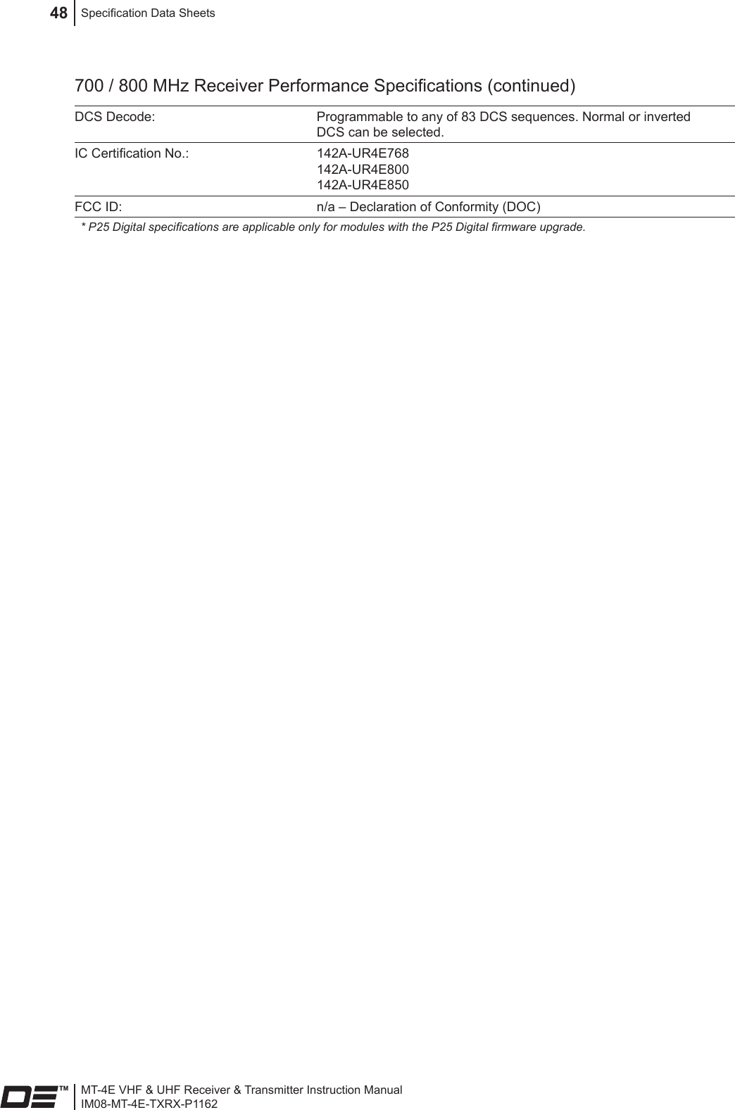 MT-4E VHF &amp; UHF Receiver &amp; Transmitter Instruction ManualIM08-MT-4E-TXRX-P1162Specication Data Sheets48DCS Decode: Programmable to any of 83 DCS sequences. Normal or inverted DCS can be selected.IC Certication No.: 142A-UR4E768142A-UR4E800 142A-UR4E850FCC ID: n/a – Declaration of Conformity (DOC)* P25 Digital specications are applicable only for modules with the P25 Digital rmware upgrade.700 / 800 MHz Receiver Performance Specications (continued)